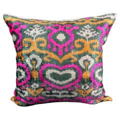Green and Pink Geometric Design Velvet Silk Ikat Pillow Cover