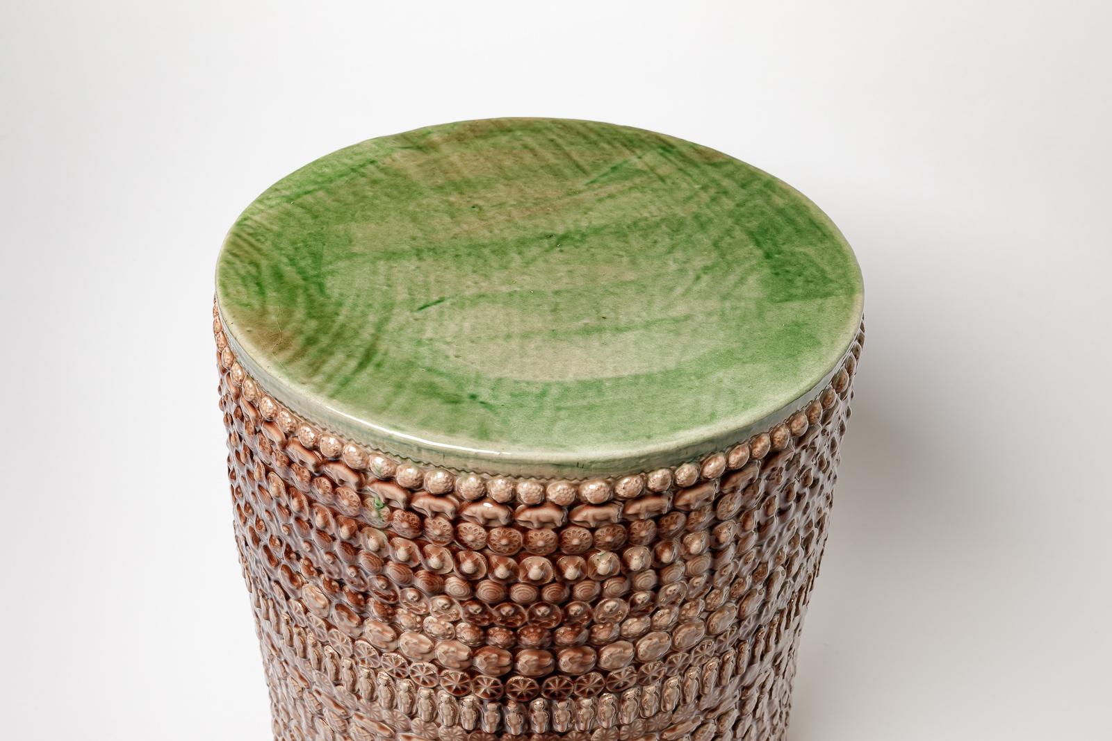 Contemporary Green and pink glazed ceramic table by Sophy Mckeith, 2023-2024. For Sale