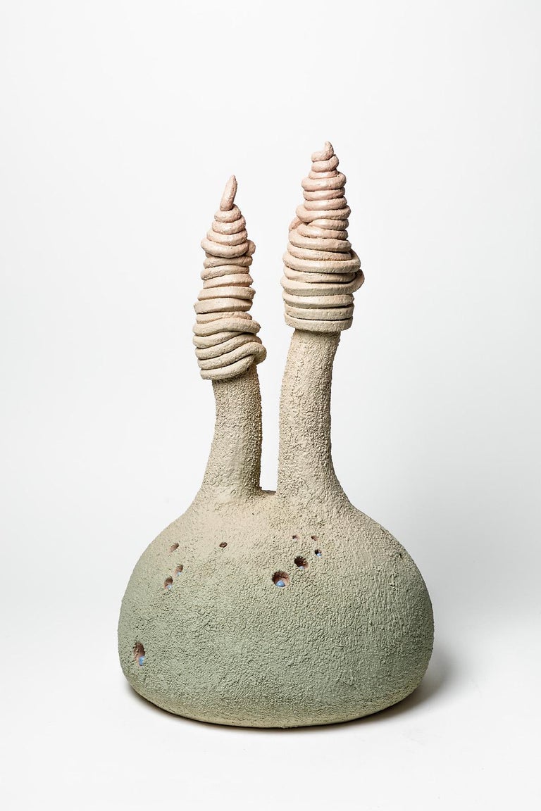 Green and Pink Large Ceramic Sculpture by Mathilde Sauce 21st Century