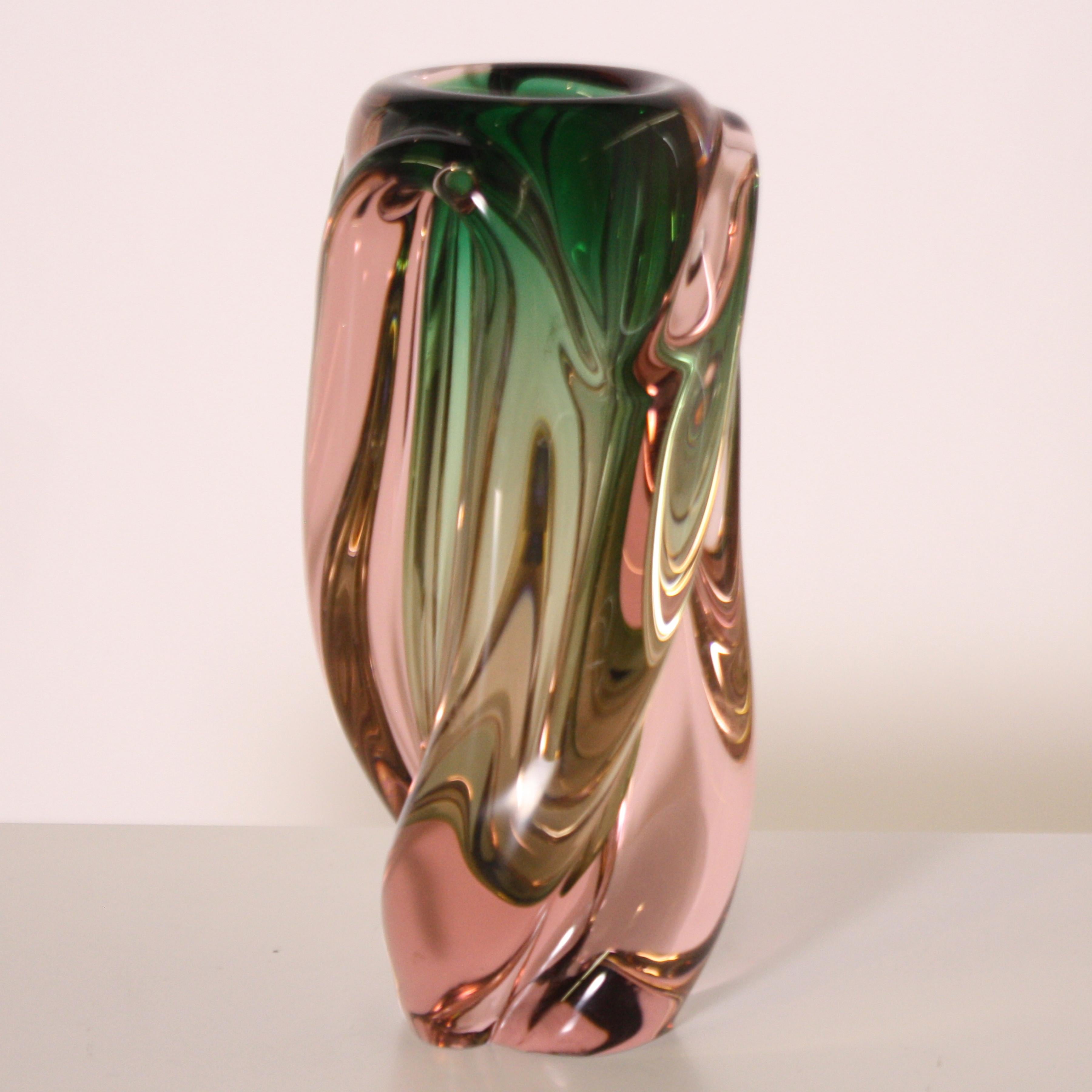 Green and pink Murano glass vase, circa 1950.