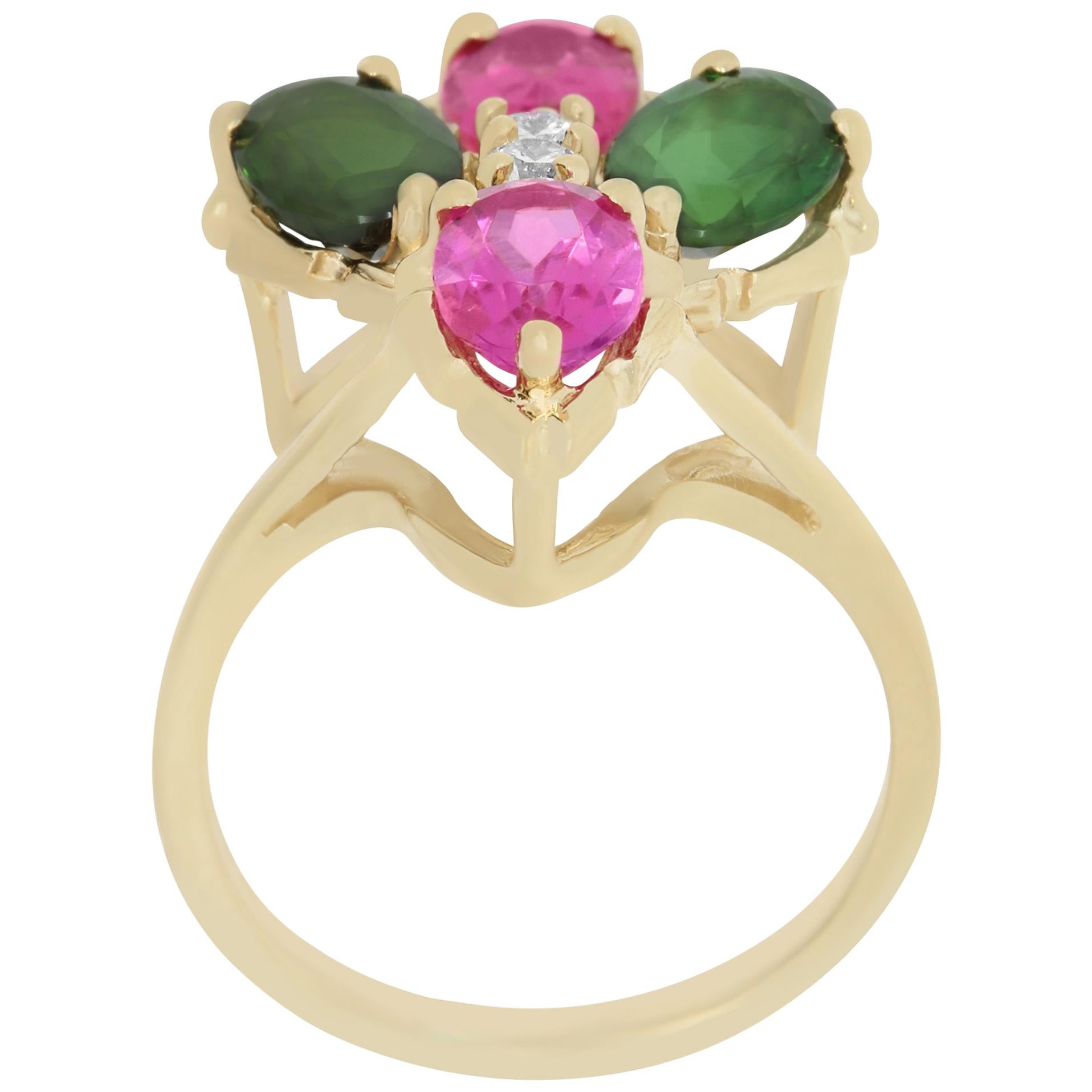 Take a bite out of summer with this unique Tourmaline Ring! Featuring both Green and Pink Oval Shaped Tourmaline complemented with Brilliant White Diamonds, this is a must have!

Material: 14K Yellow Gold
Center Stone Details: 2 Oval Green