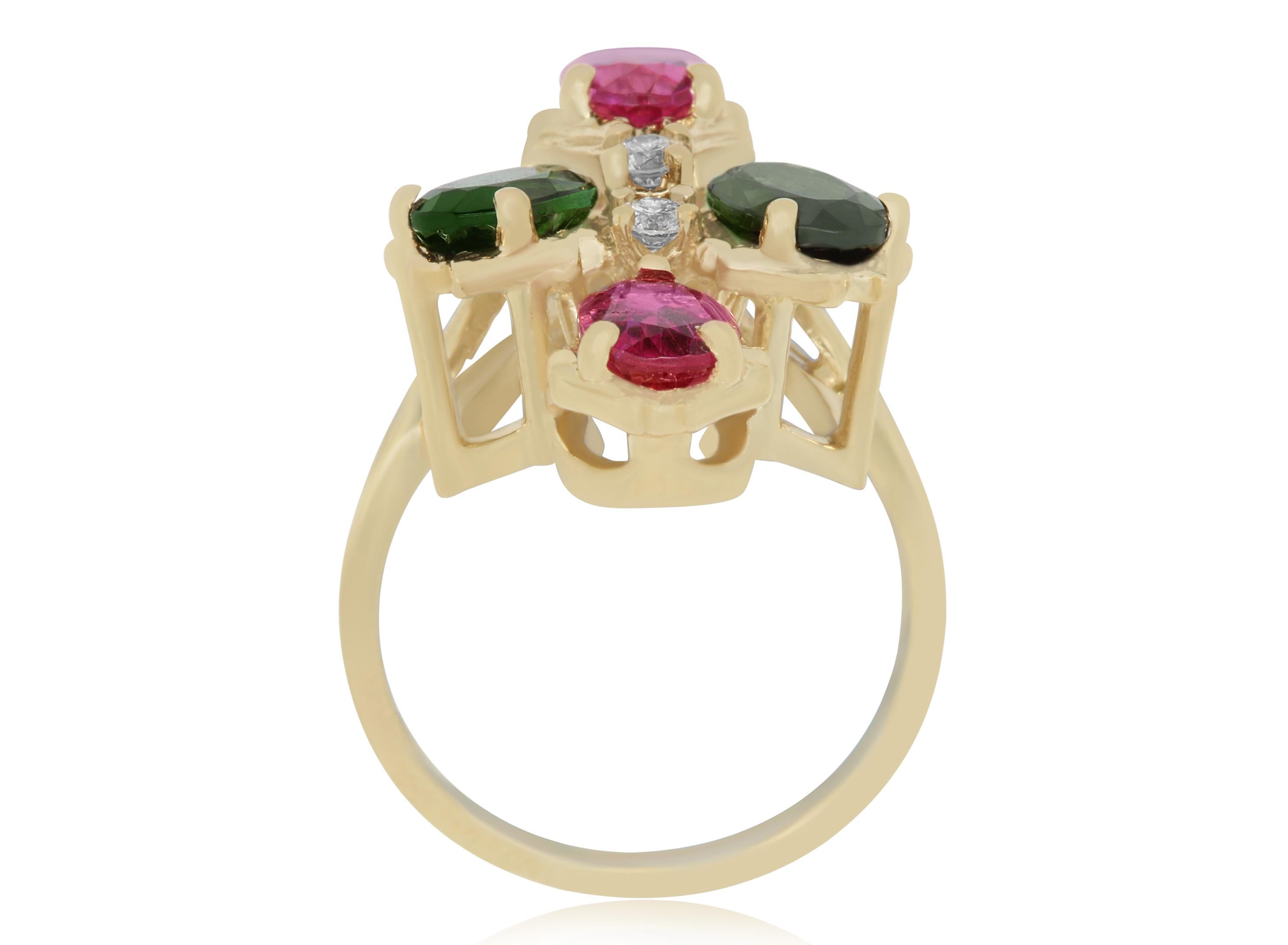 Contemporary Green and Pink Tourmaline and Diamond Ring