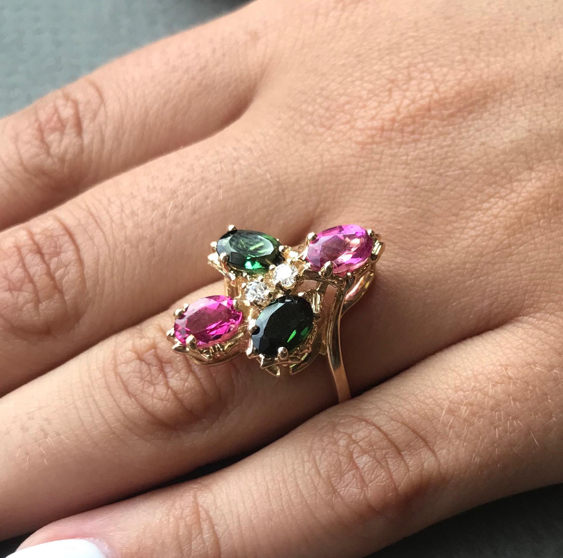 Green and Pink Tourmaline and Diamond Ring In New Condition In GREAT NECK, NY
