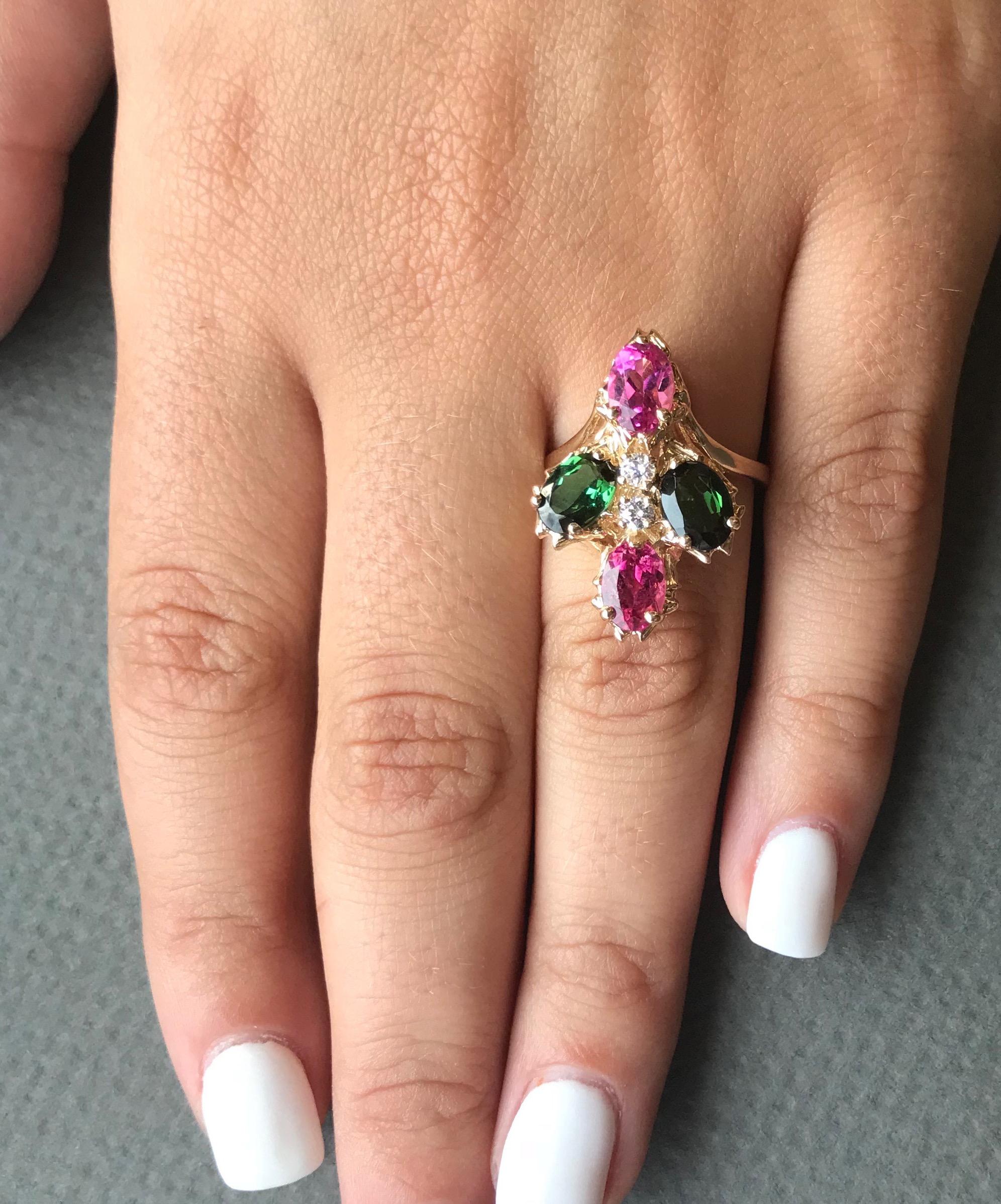 Green and Pink Tourmaline and Diamond Ring 1