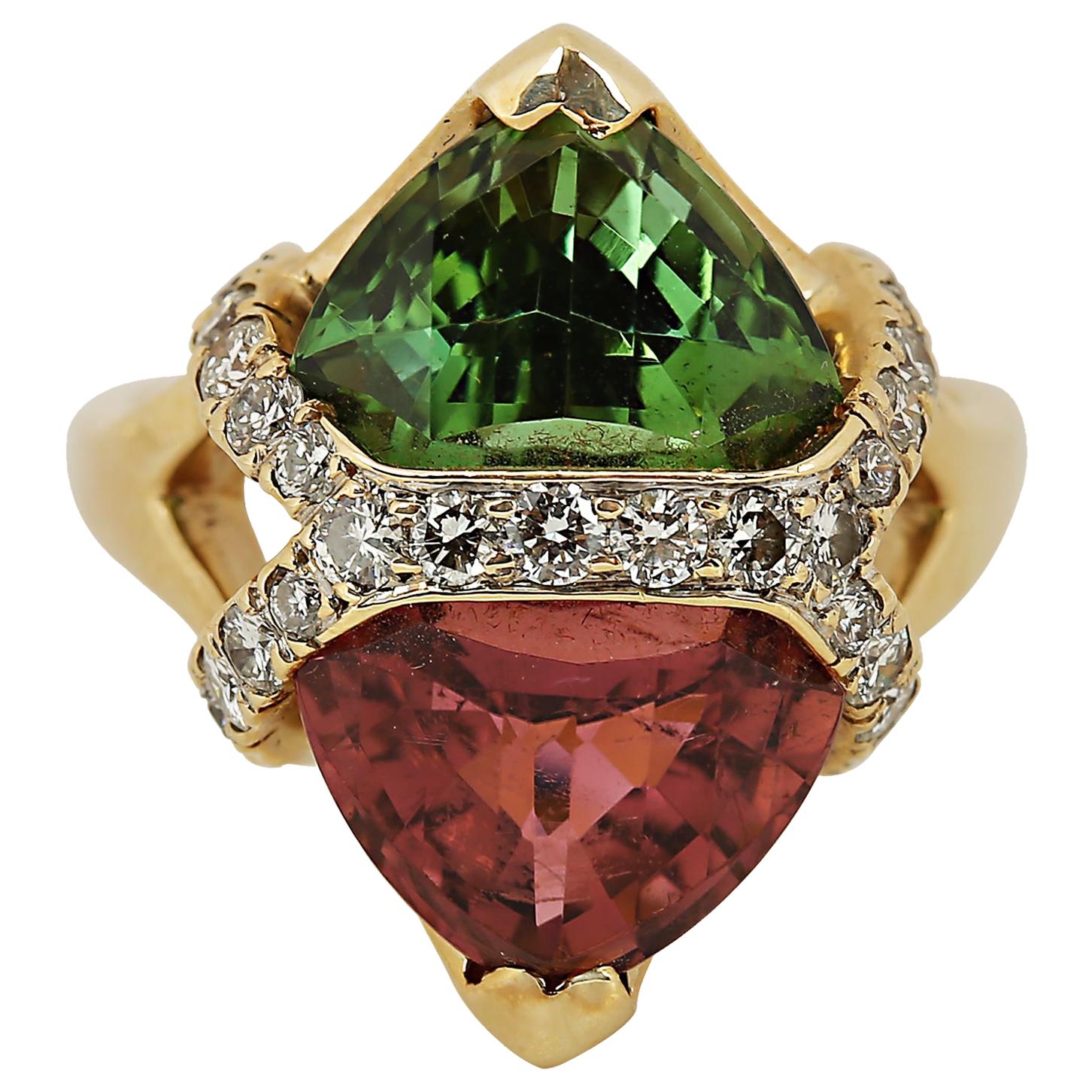 Shield Shaped Green and Pink Tourmaline and Diamond Ring