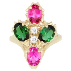 Green and Pink Tourmaline and Diamond Ring