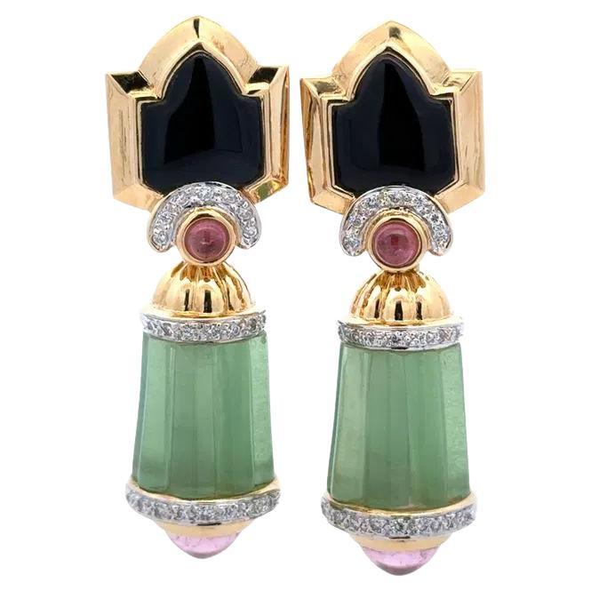 Green and Pink Tourmaline, Diamond and Onyx Gold Drop Statement Earrings