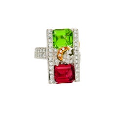 Green and Pink Tourmaline Diamond Platinum 18K Gold Stars-Moon Ring