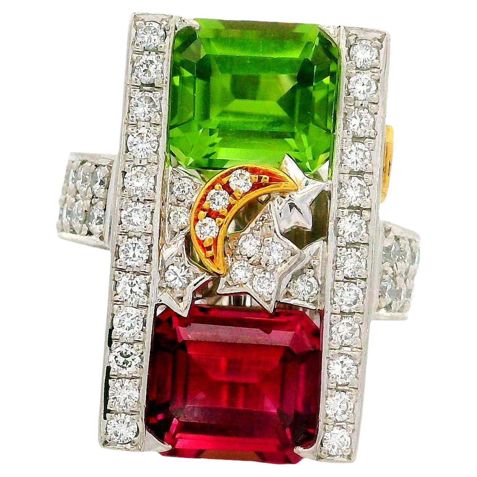 Green and Pink Tourmaline Diamond Platinum 18K Gold Stars-Moon Ring en vente