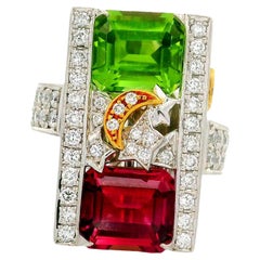 Green and Pink Tourmaline Diamond Platinum 18K Gold Stars-Moon Ring