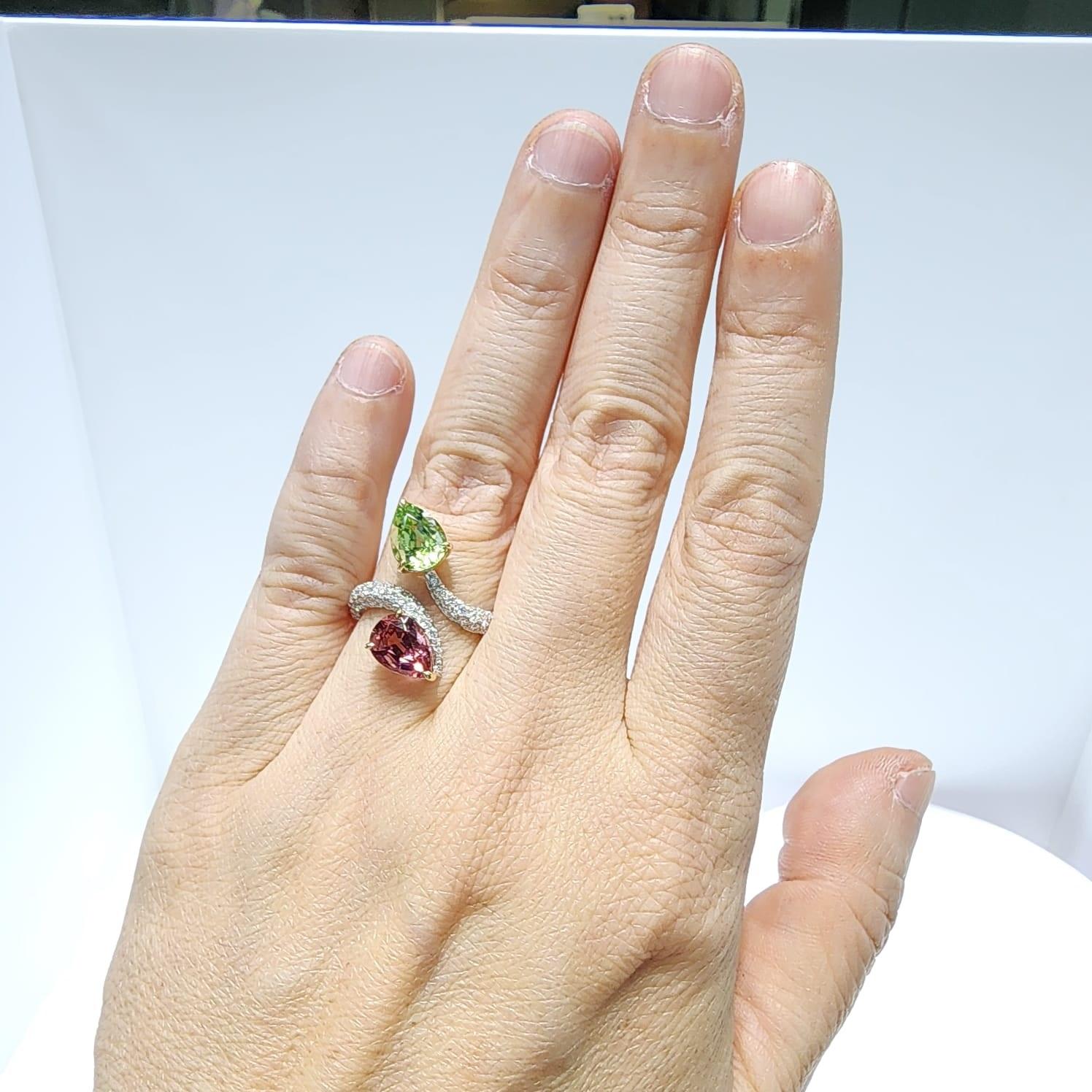 Contemporary Green And Pink Tourmaline Diamond Toi Et Moi Ring in 14K Yellow and White Gold 