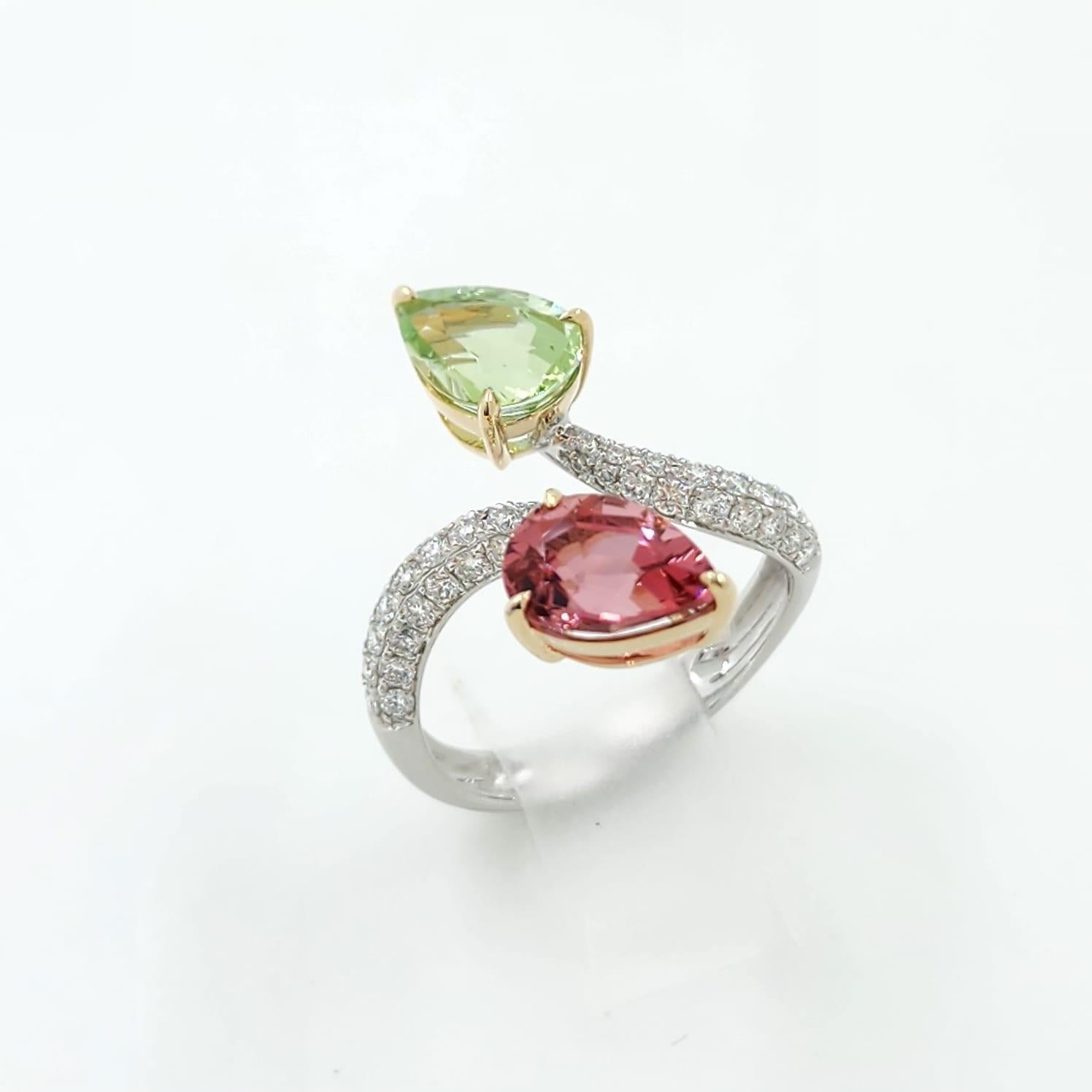 Pear Cut Green And Pink Tourmaline Diamond Toi Et Moi Ring in 14K Yellow and White Gold 