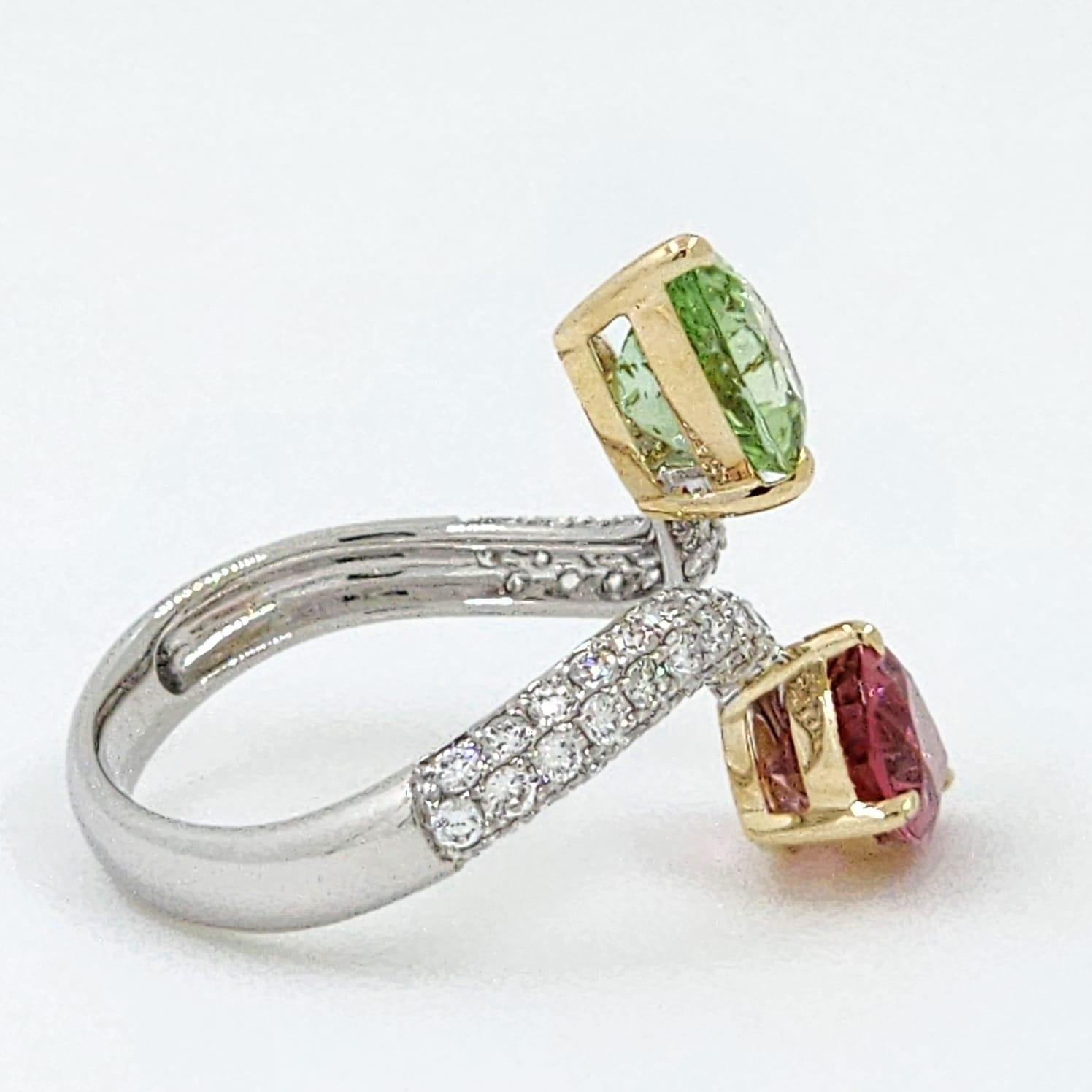 Green And Pink Tourmaline Diamond Toi Et Moi Ring in 14K Yellow and White Gold  In New Condition In Hong Kong, HK