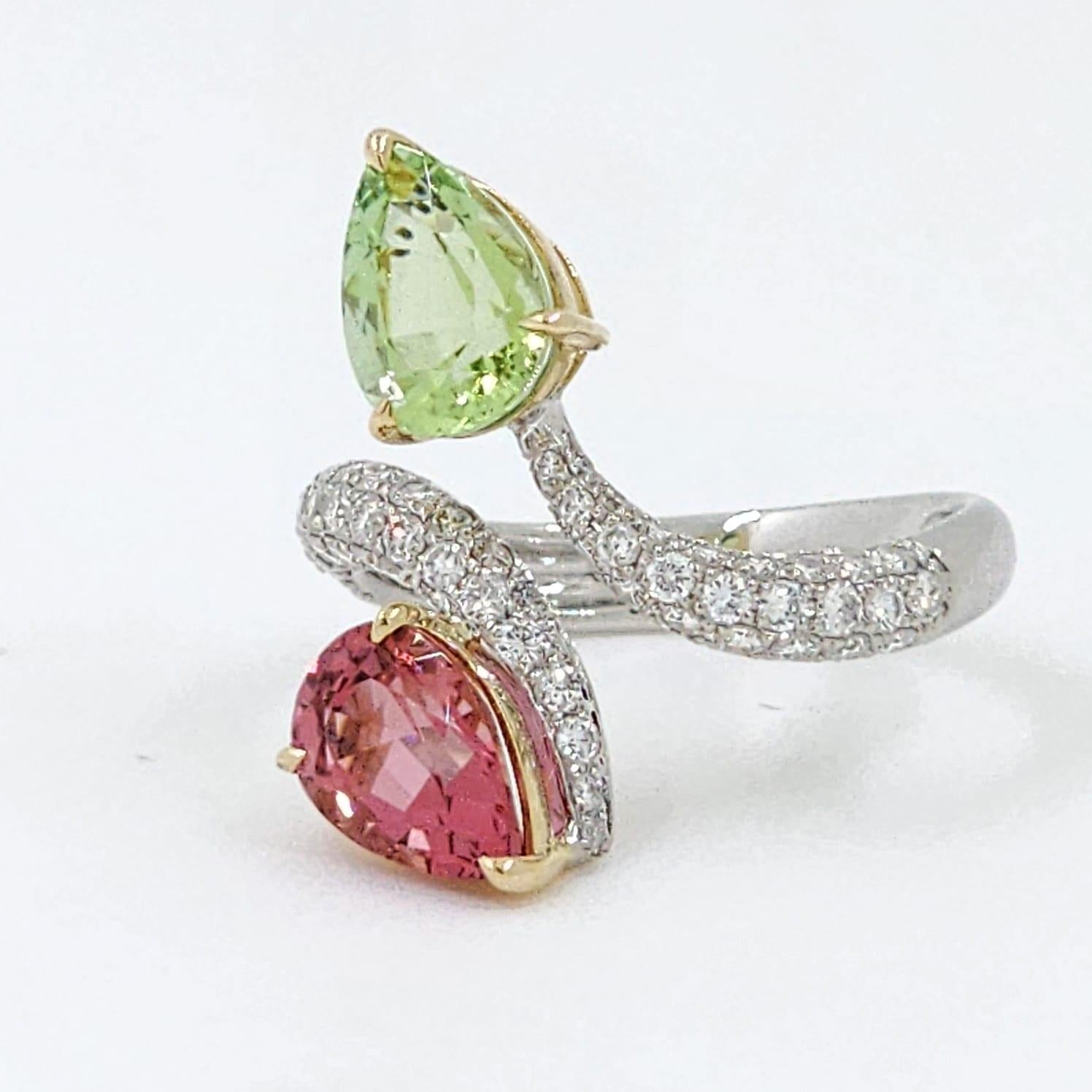 Women's Green And Pink Tourmaline Diamond Toi Et Moi Ring in 14K Yellow and White Gold 