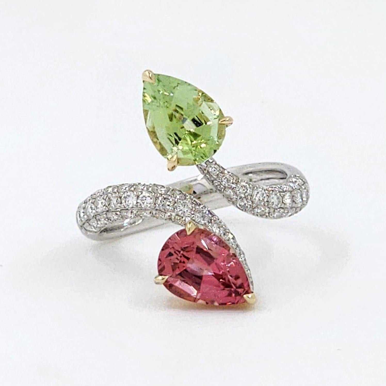 Green And Pink Tourmaline Diamond Toi Et Moi Ring in 14K Yellow and White Gold  1