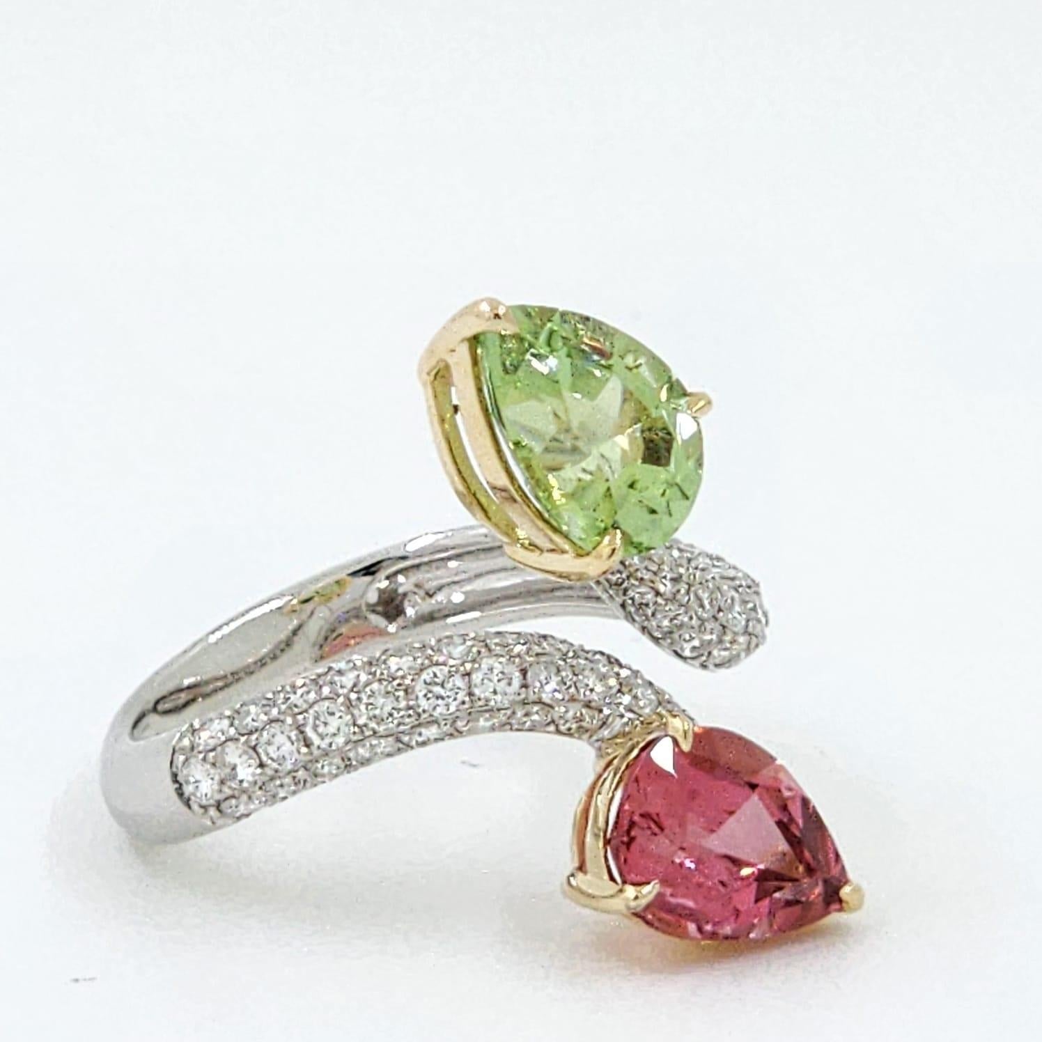 Green And Pink Tourmaline Diamond Toi Et Moi Ring in 14K Yellow and White Gold  2