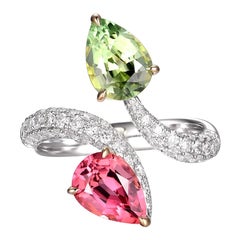 Green And Pink Tourmaline Diamond Toi Et Moi Ring in 14K Yellow and White Gold 