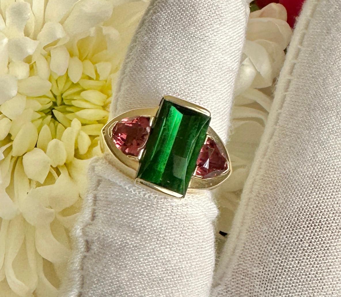 Emerald Cut Green and Pink Tourmaline Ring Yellow Gold Antique Estate For Sale