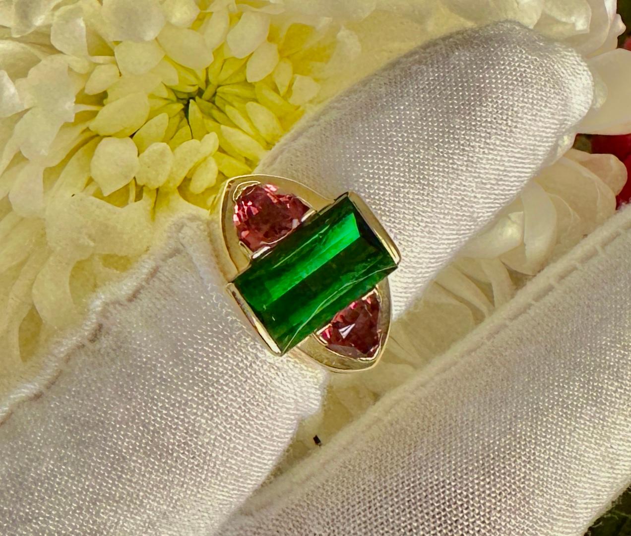 Green and Pink Tourmaline Ring Yellow Gold Antique Estate For Sale 1