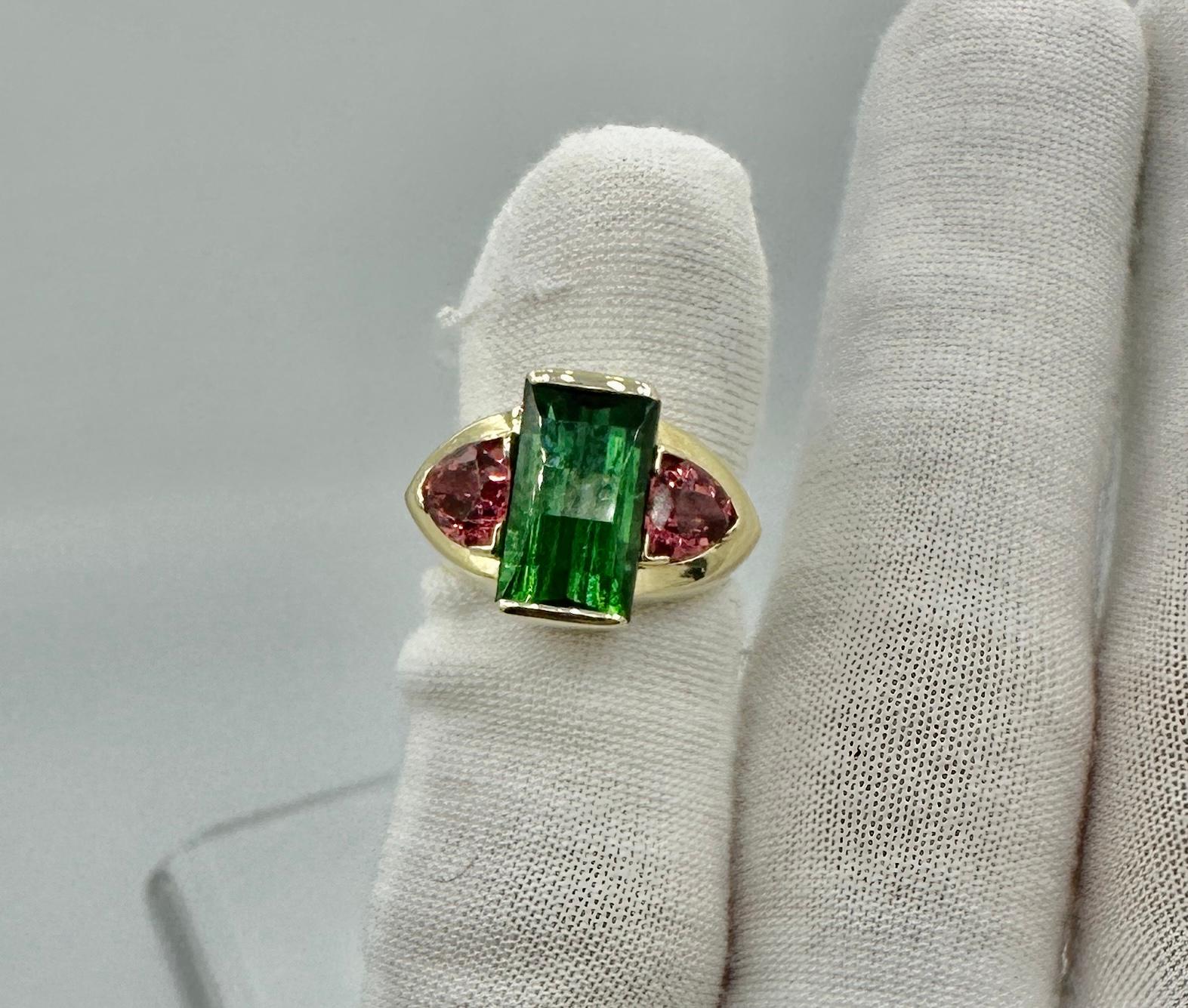Green and Pink Tourmaline Ring Yellow Gold Antique Estate For Sale 2