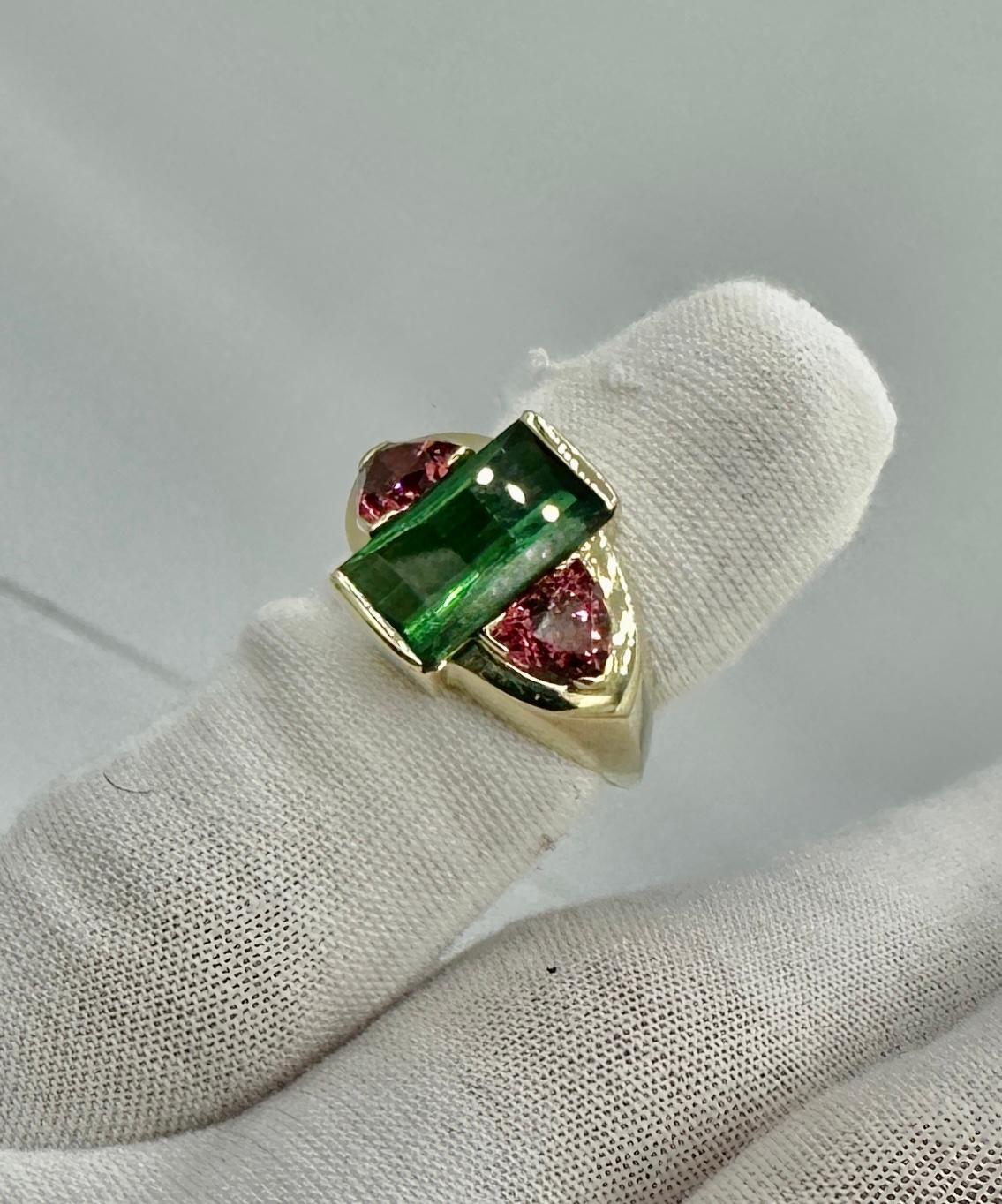 Green and Pink Tourmaline Ring Yellow Gold Antique Estate For Sale 3