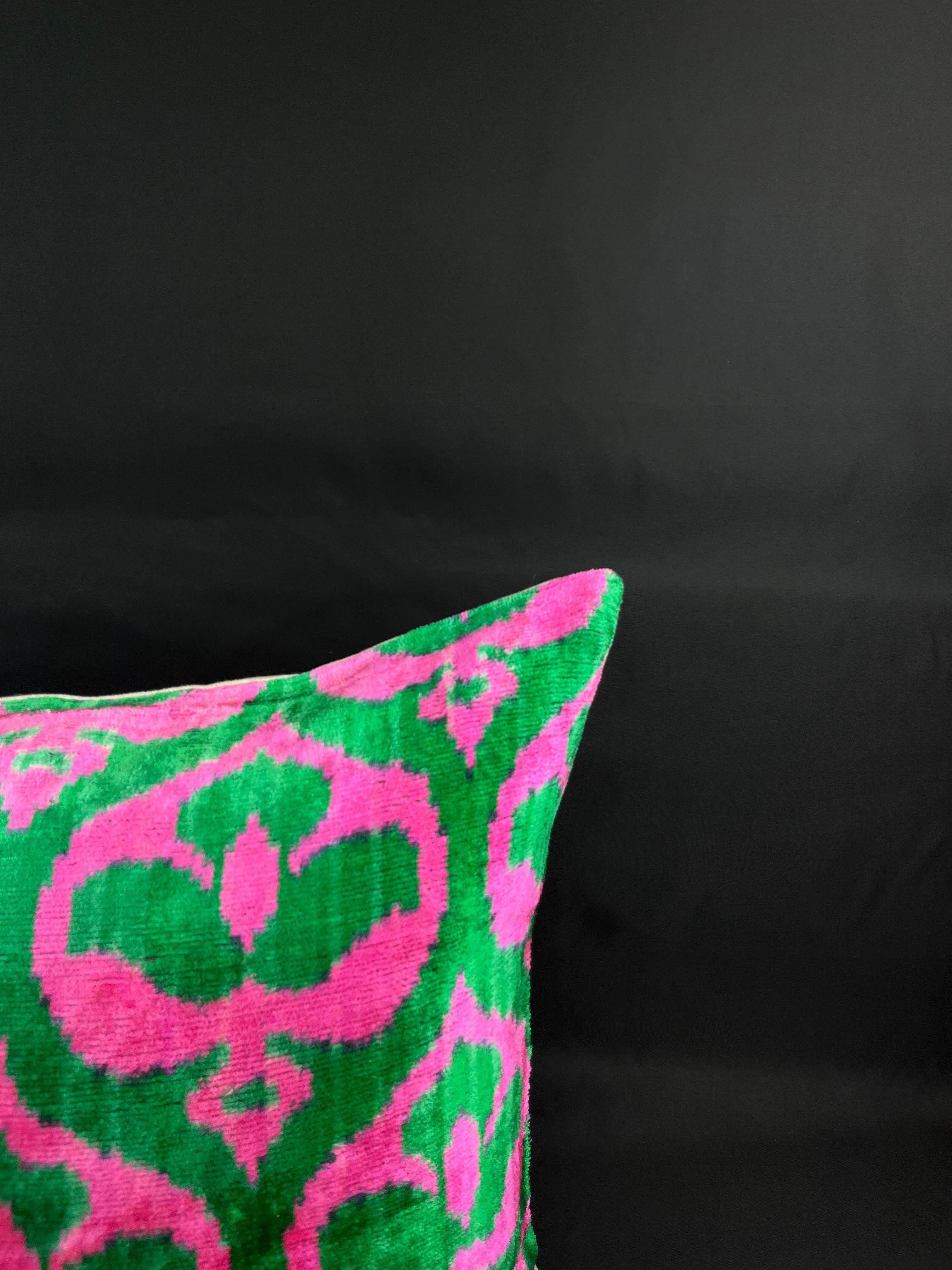 Modern Green and Pink Velvet Silk Ikat Pillow Cover