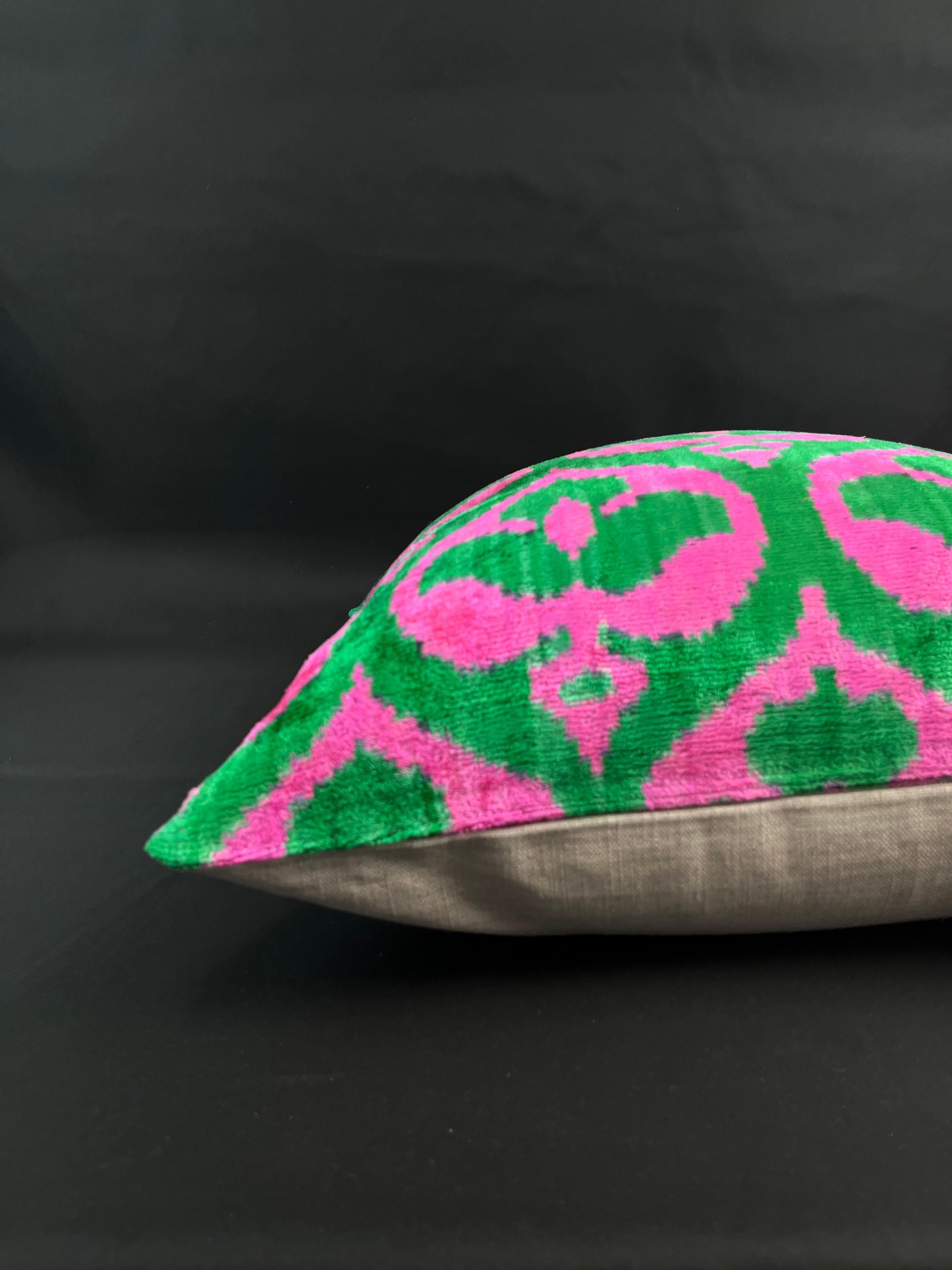 Turkish Green and Pink Velvet Silk Ikat Pillow Cover