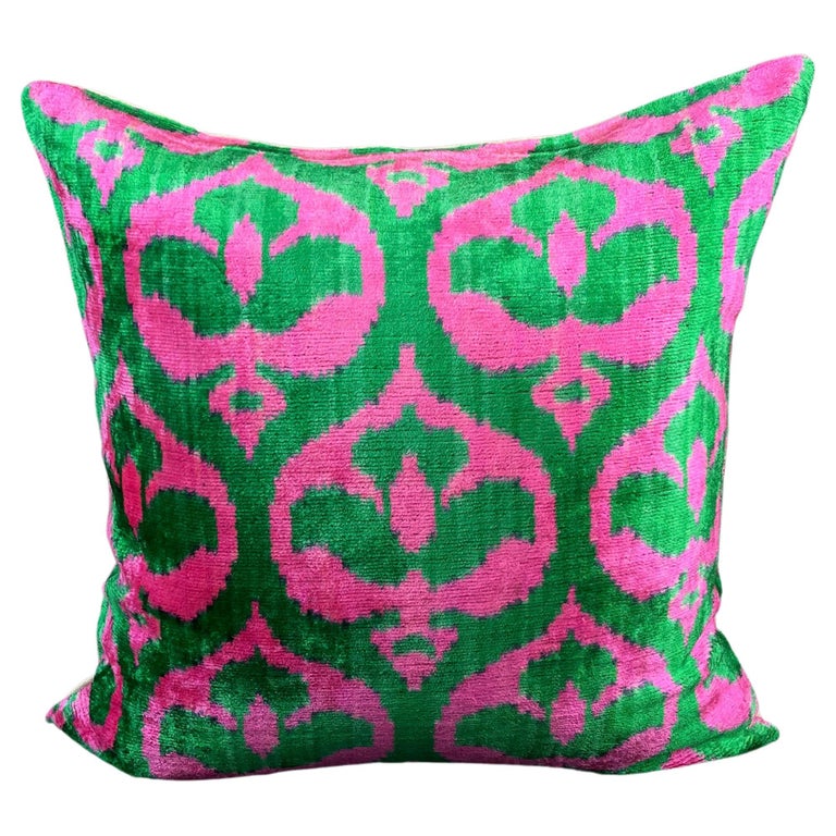 Green and Pink Velvet Silk Ikat Pillow Cover For Sale at 1stDibs