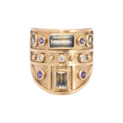 Green and Purple Sapphire Archer's Ring in 18 Karat Gold with Diamonds