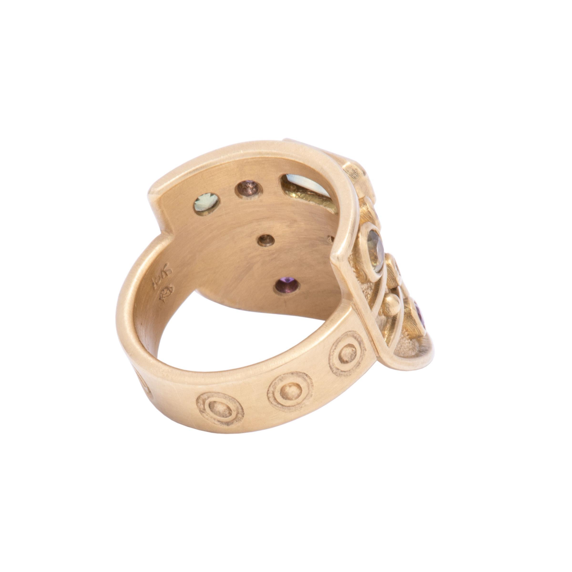 Contemporary Green and Purple Sapphire Archer's Ring in 18 Karat Gold with Diamonds For Sale