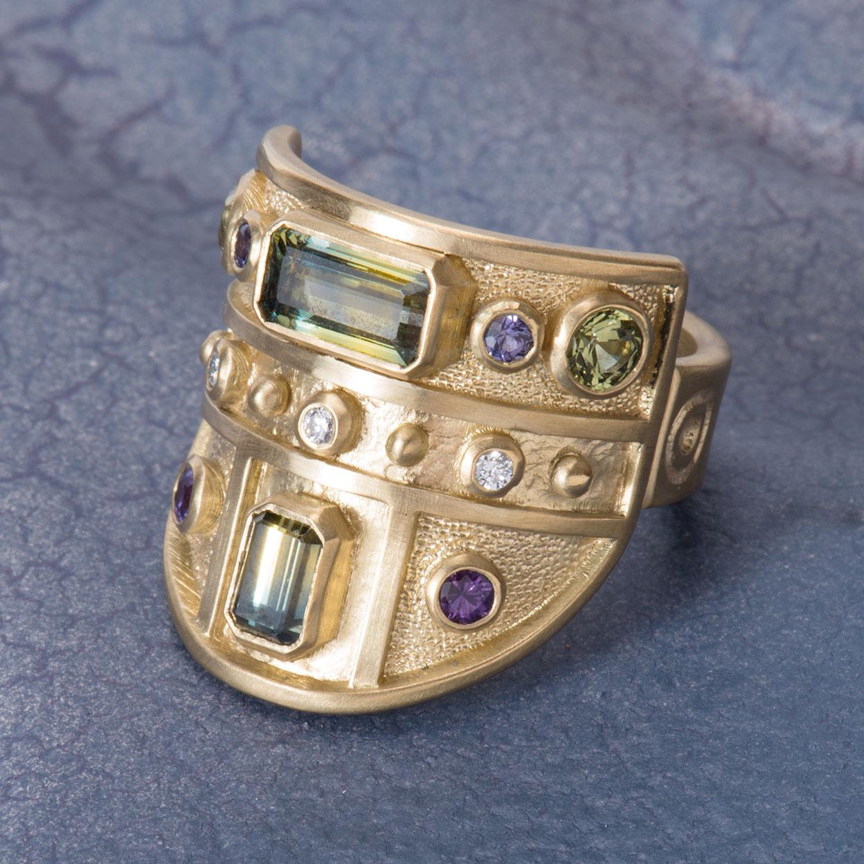 Radiant Cut Green and Purple Sapphire Archer's Ring in 18 Karat Gold with Diamonds For Sale