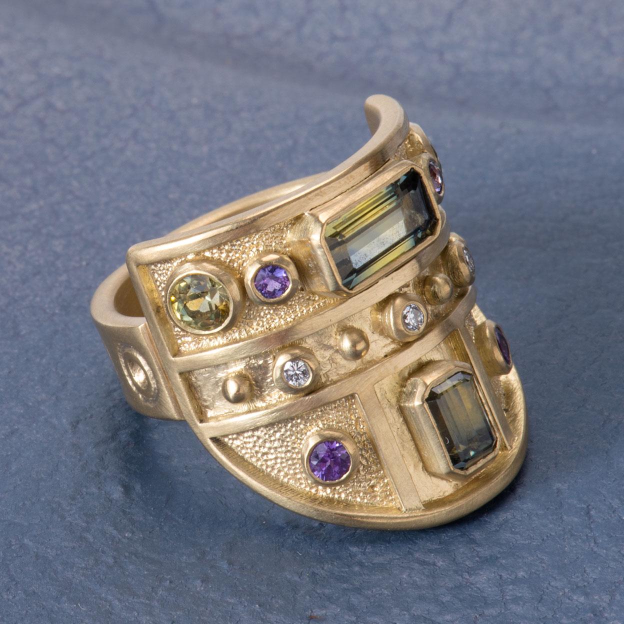 Women's or Men's Green and Purple Sapphire Archer's Ring in 18 Karat Gold with Diamonds For Sale
