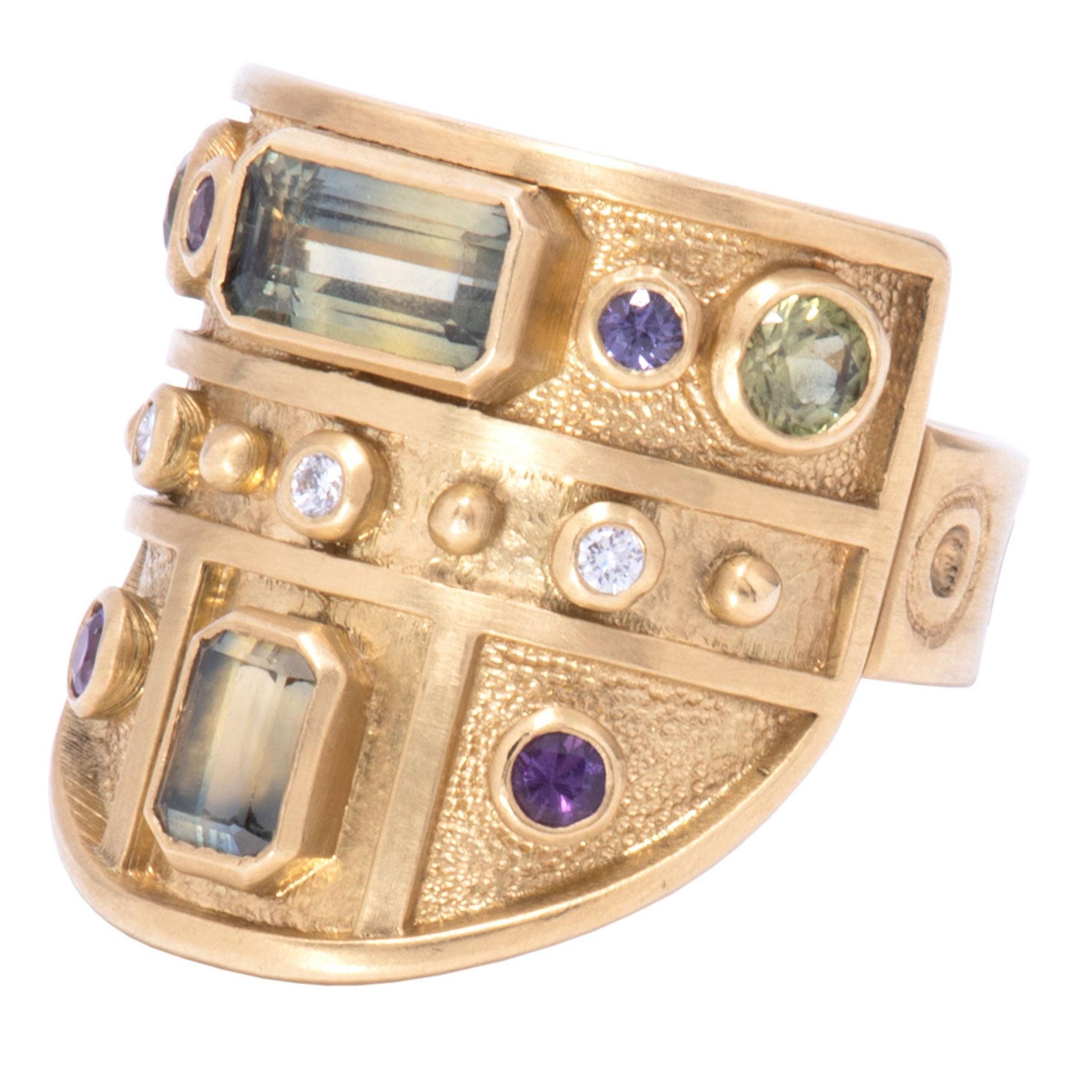 Green and Purple Sapphire Archer's Ring in 18 Karat Gold with Diamonds For Sale