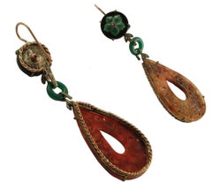 Green and Red Agate, Diamonds, 9 Karat Rose Gold and Silver Pendant Earrings