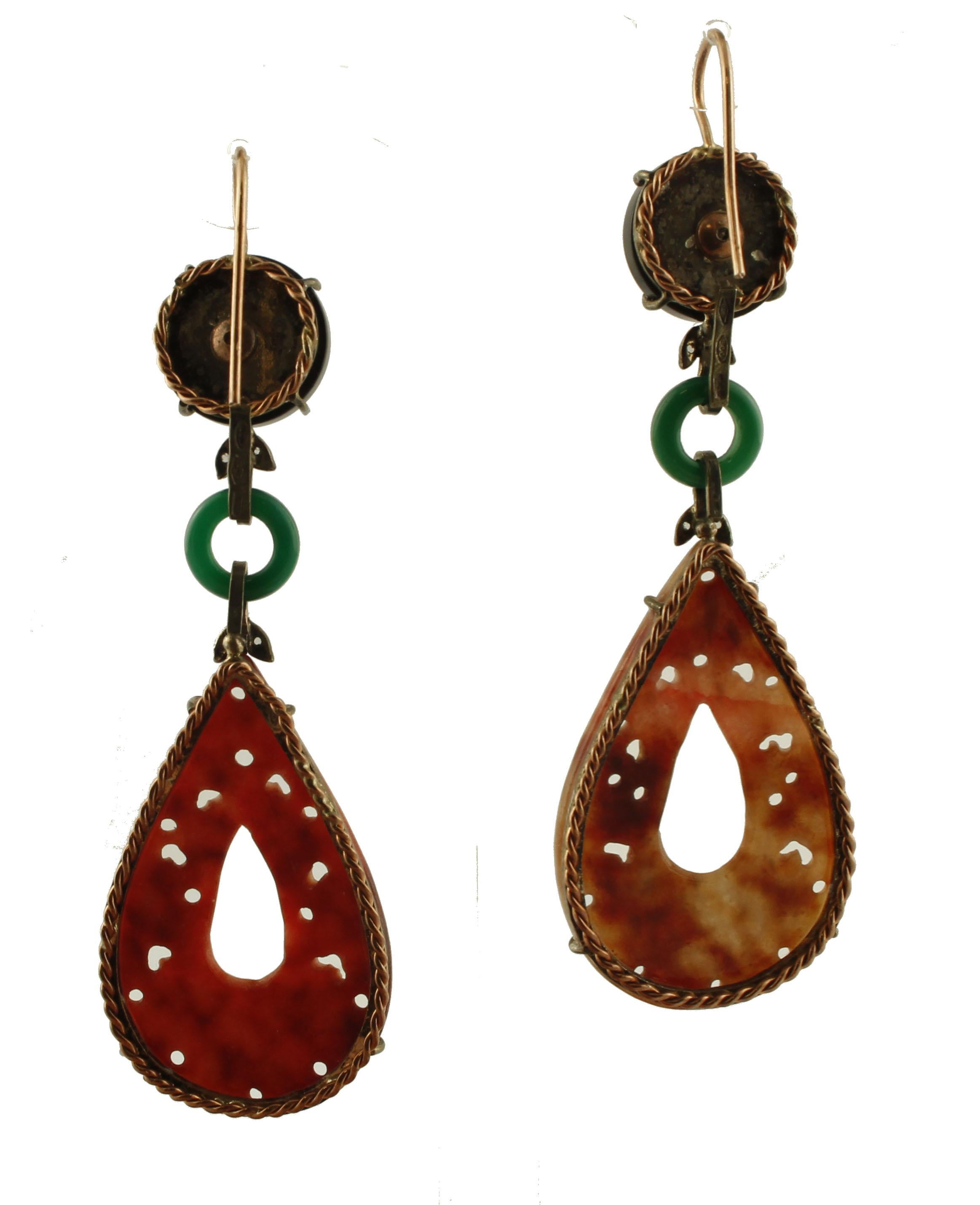 Retro Green and Red Agate, Diamonds, 9 Karat Rose Gold and Silver Pendant Earrings For Sale