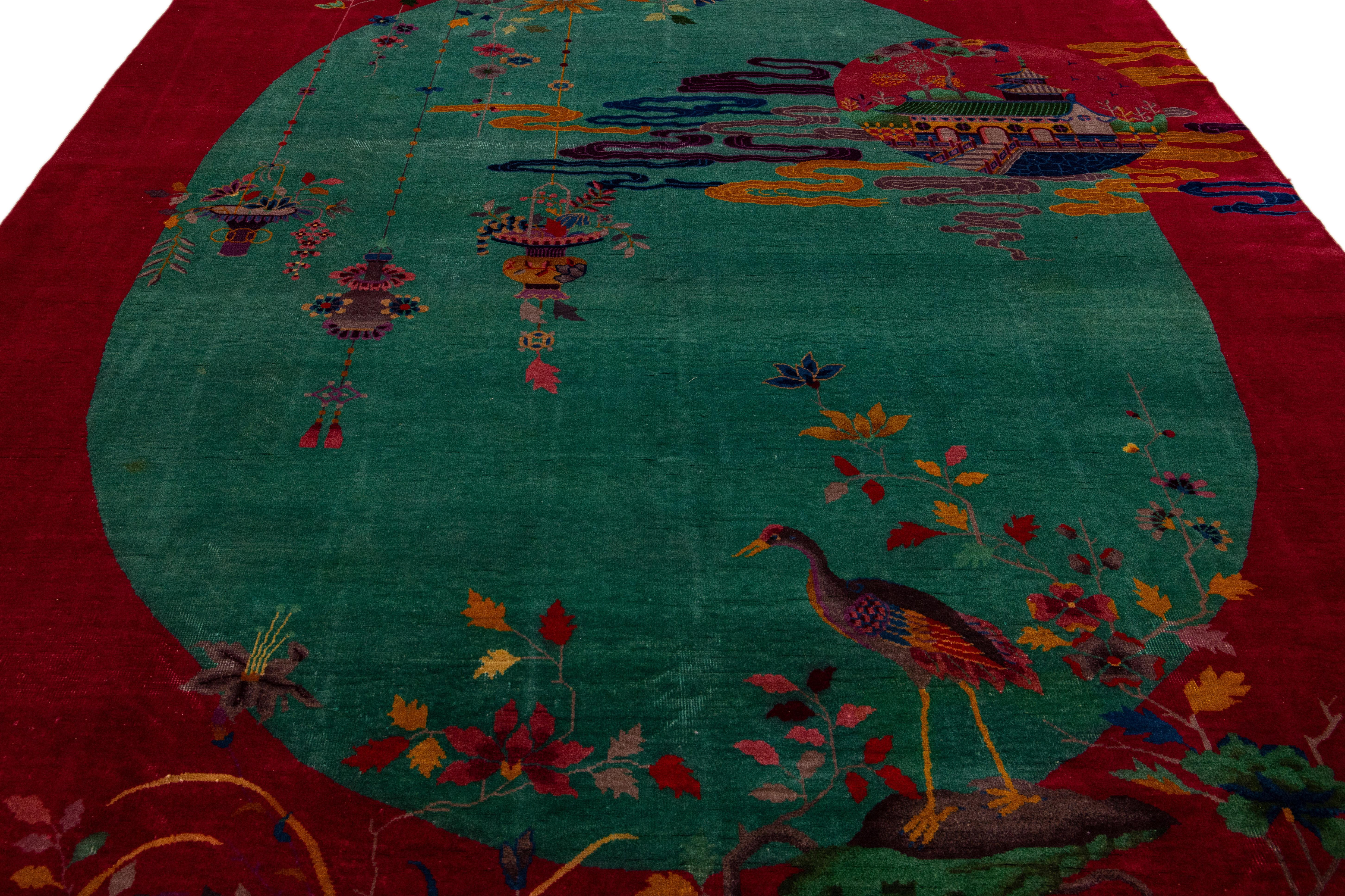 Hand-Knotted Green And Red Antique Art Deco Handmade Floral Chinese Wool Rug For Sale