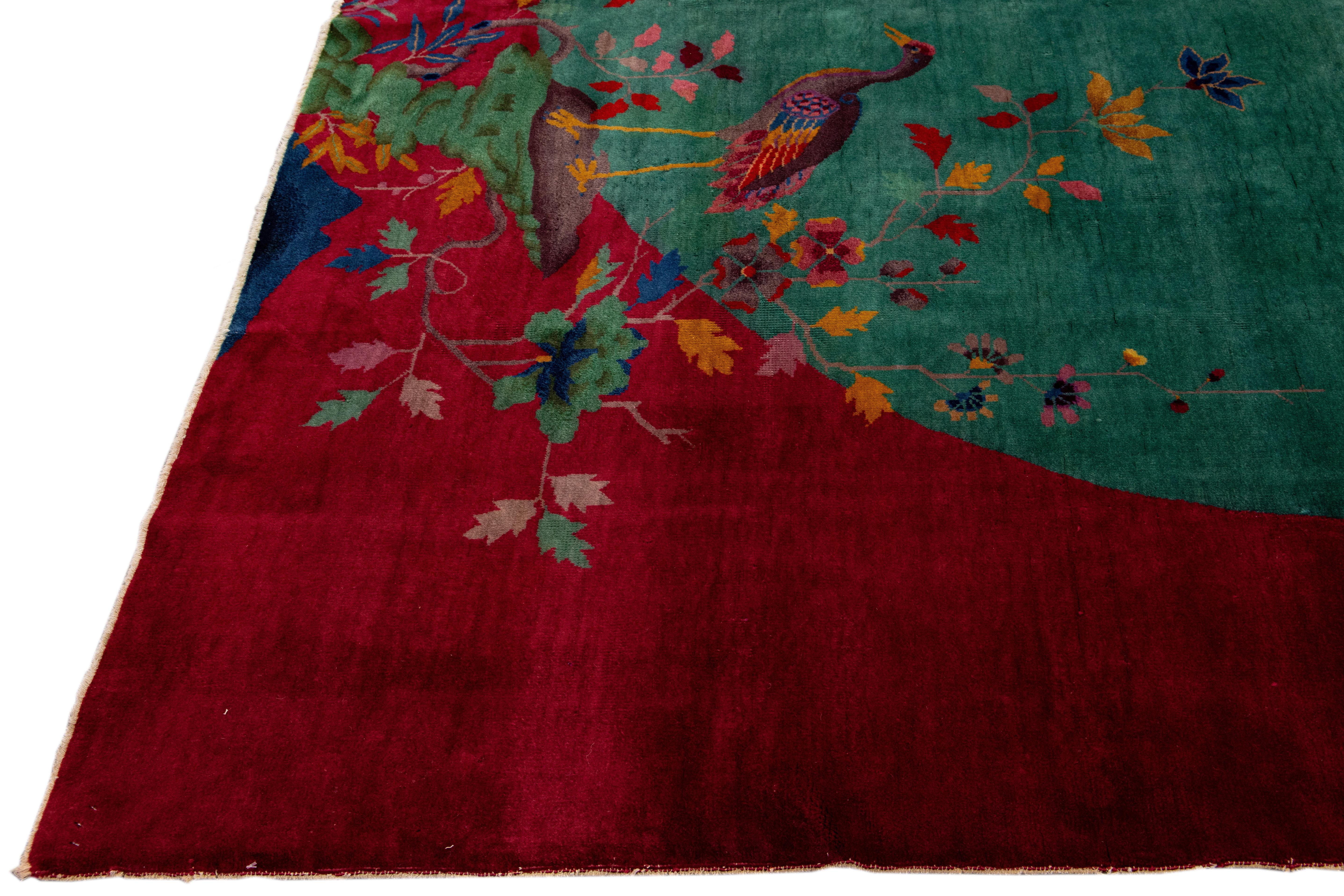Green And Red Antique Art Deco Handmade Floral Chinese Wool Rug In Excellent Condition For Sale In Norwalk, CT