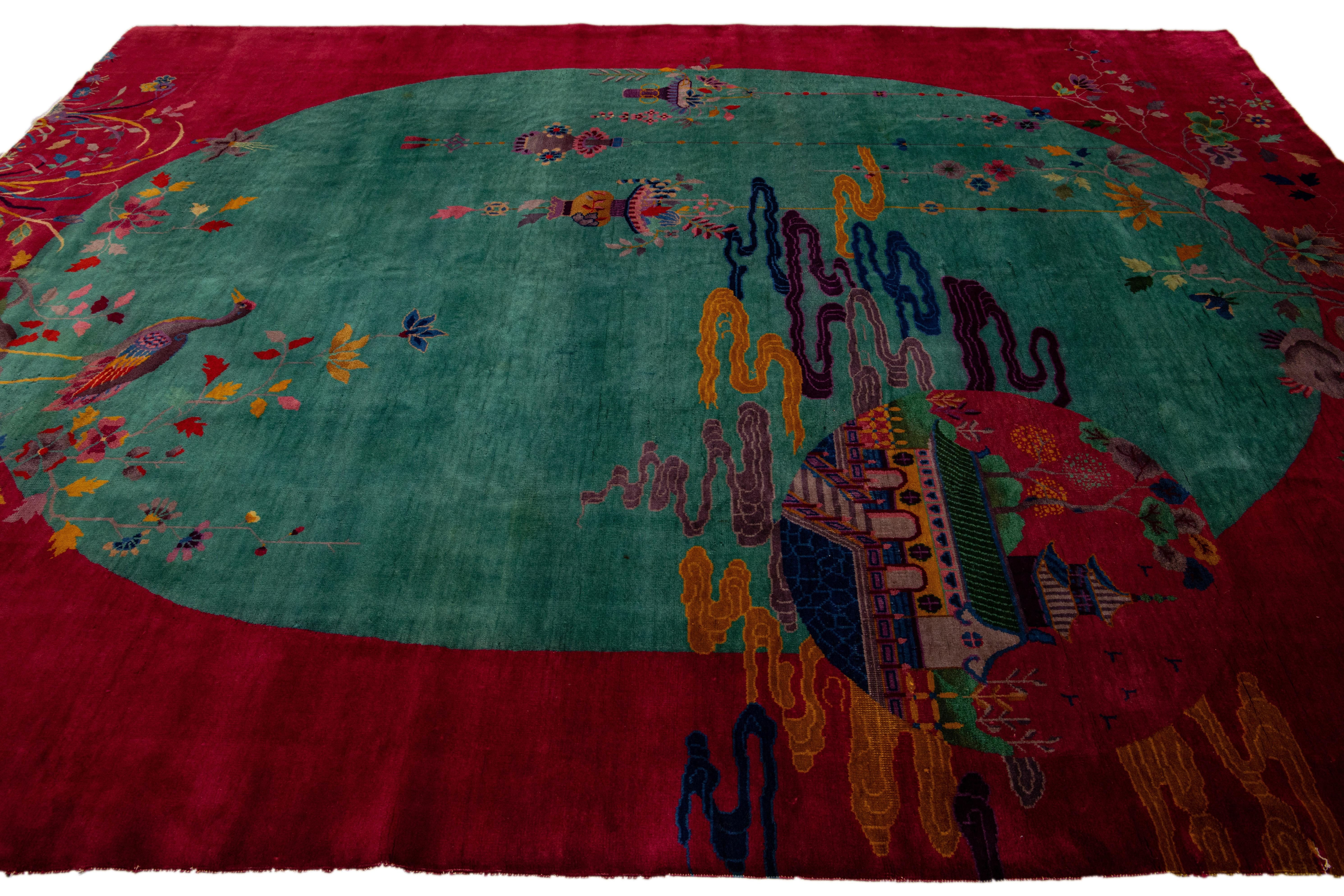 20th Century Green And Red Antique Art Deco Handmade Floral Chinese Wool Rug For Sale
