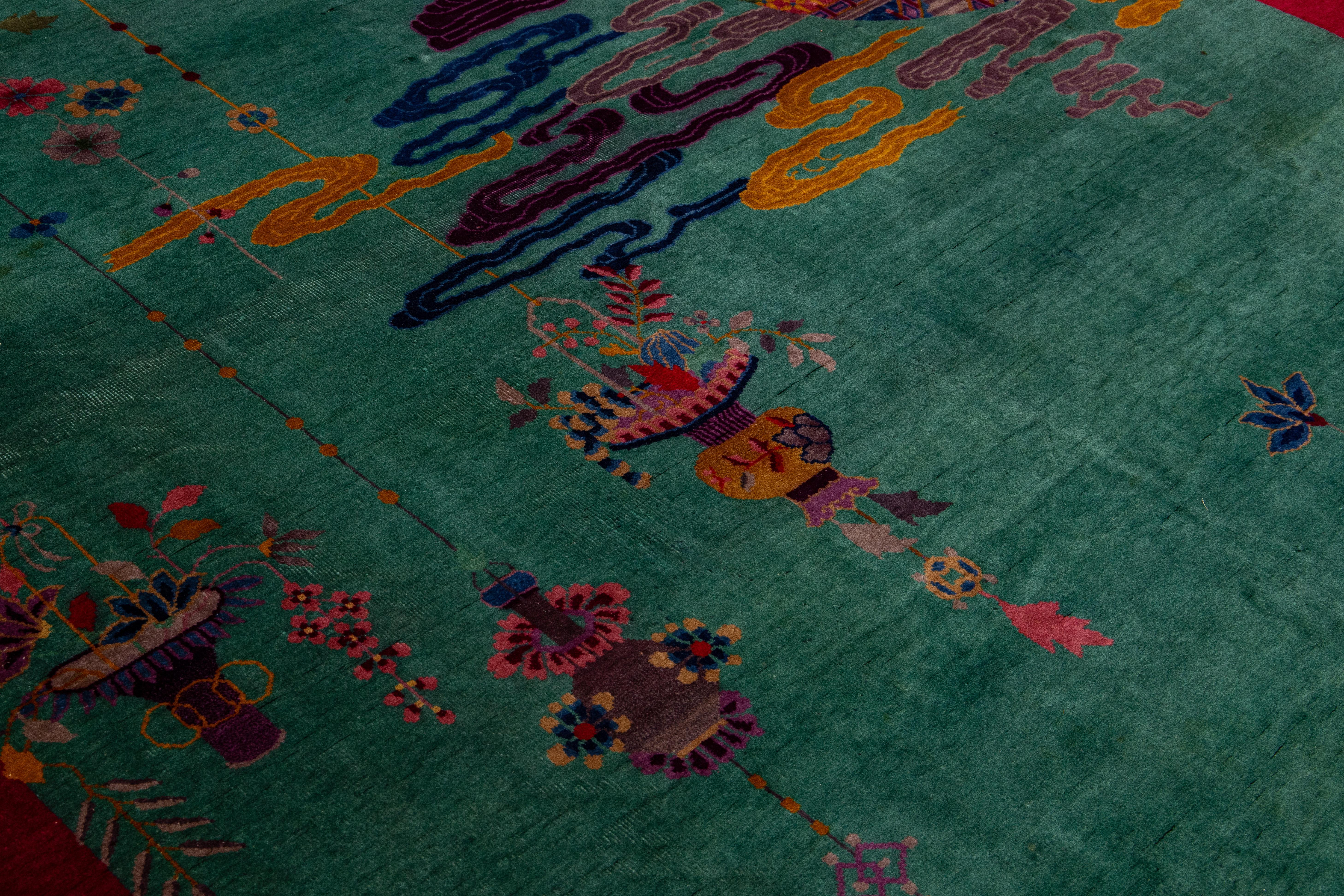 Other Green And Red Antique Art Deco Handmade Floral Chinese Wool Rug For Sale