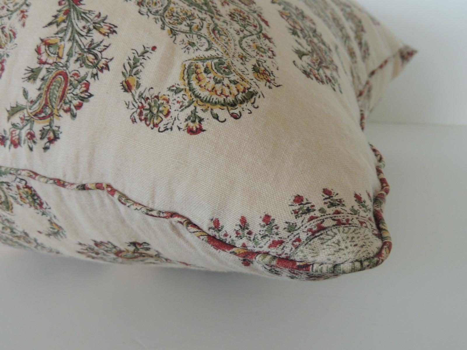 Bohemian Green and Red Linen Paisley Decorative Square Pillow with Self-Welt