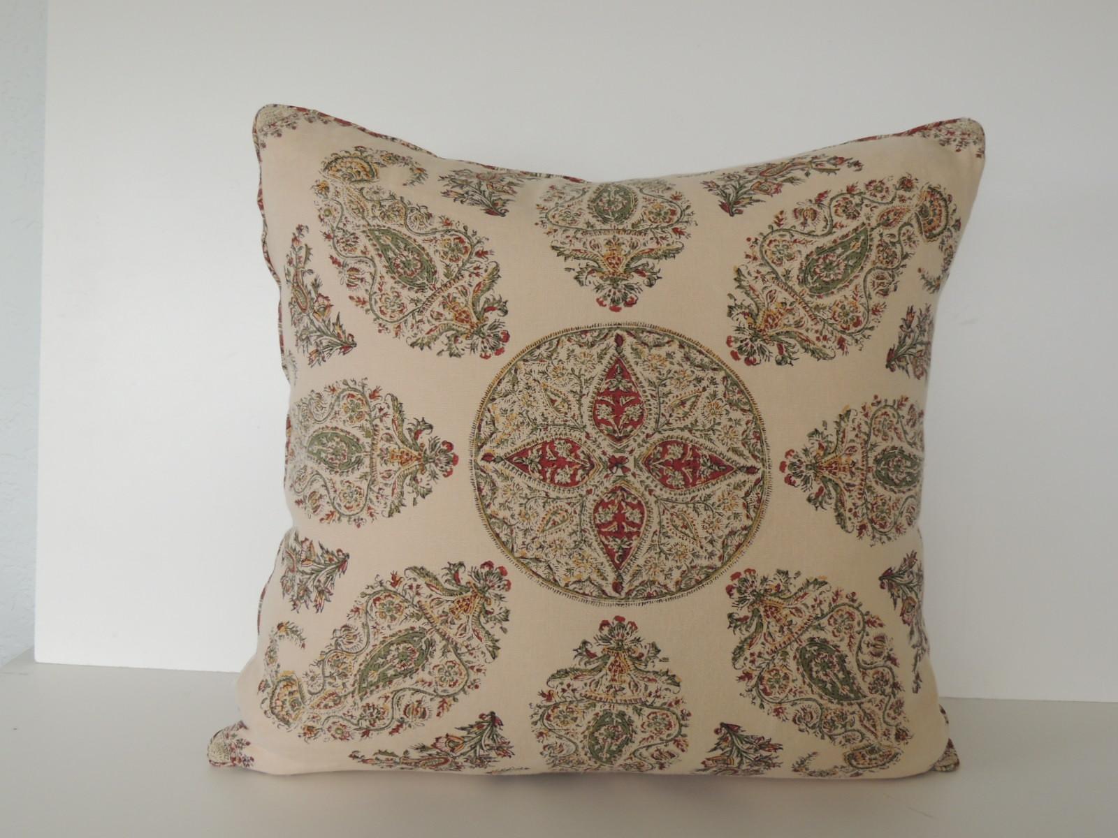 English Green and Red Linen Paisley Decorative Square Pillow with Self-Welt