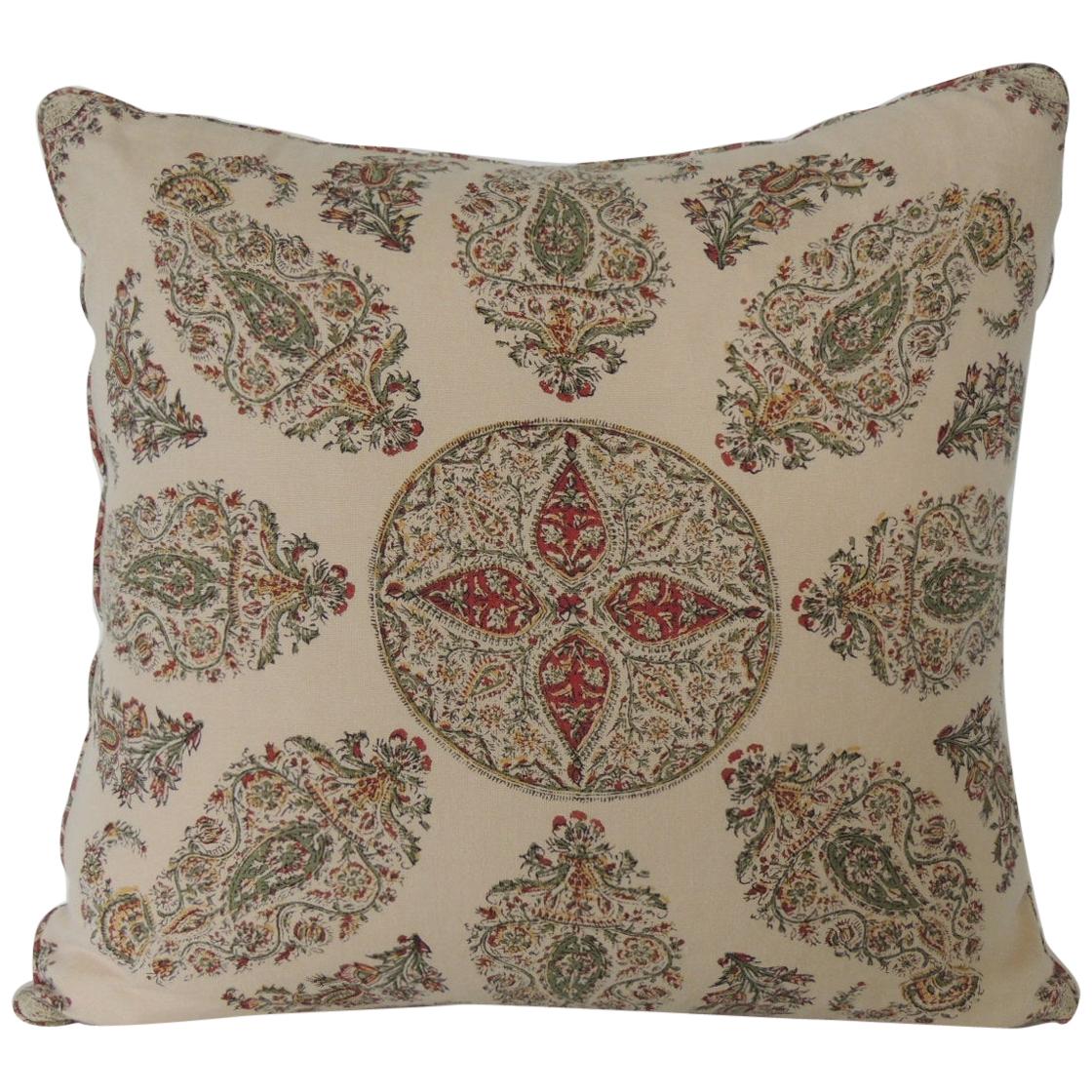 Green and Red Linen Paisley Decorative Square Pillow with Self-Welt