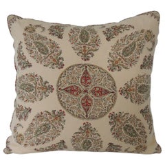 Green and Red Linen Paisley Decorative Square Pillow with Self-Welt