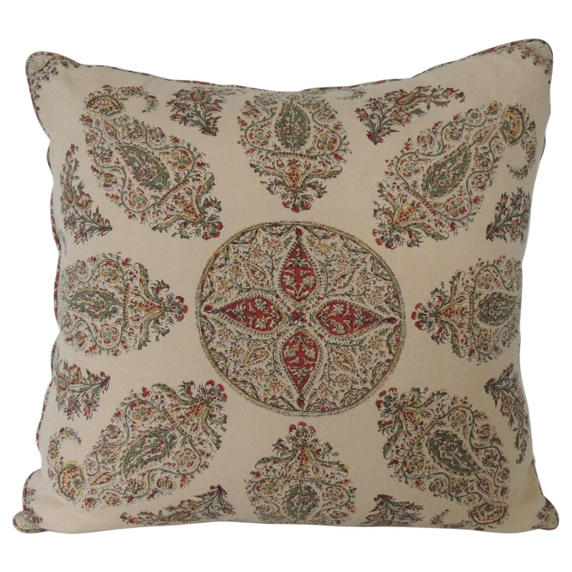 Green and Red Linen Paisley Decorative Square Pillow with Self-Welt