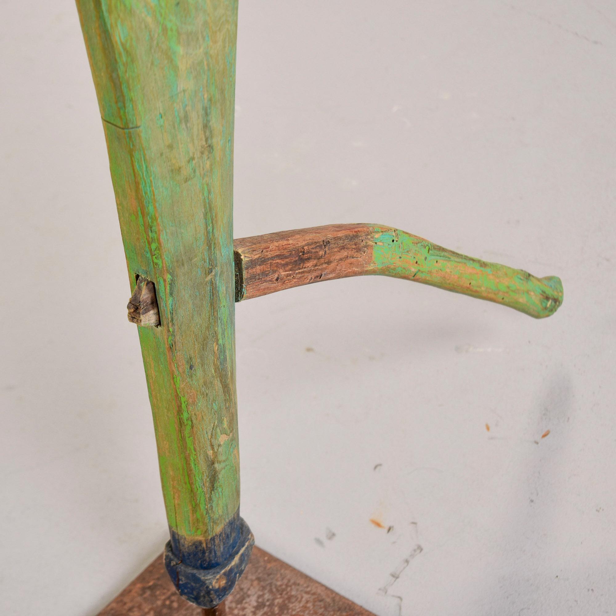Green and Red Painted Antique Wood Boat Rudder on Iron Stand For Sale 5
