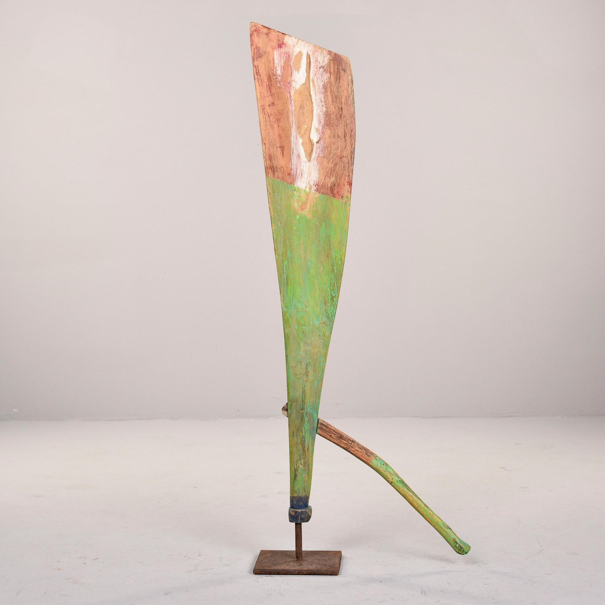 Green and Red Painted Antique Wood Boat Rudder on Iron Stand In Good Condition For Sale In Troy, MI