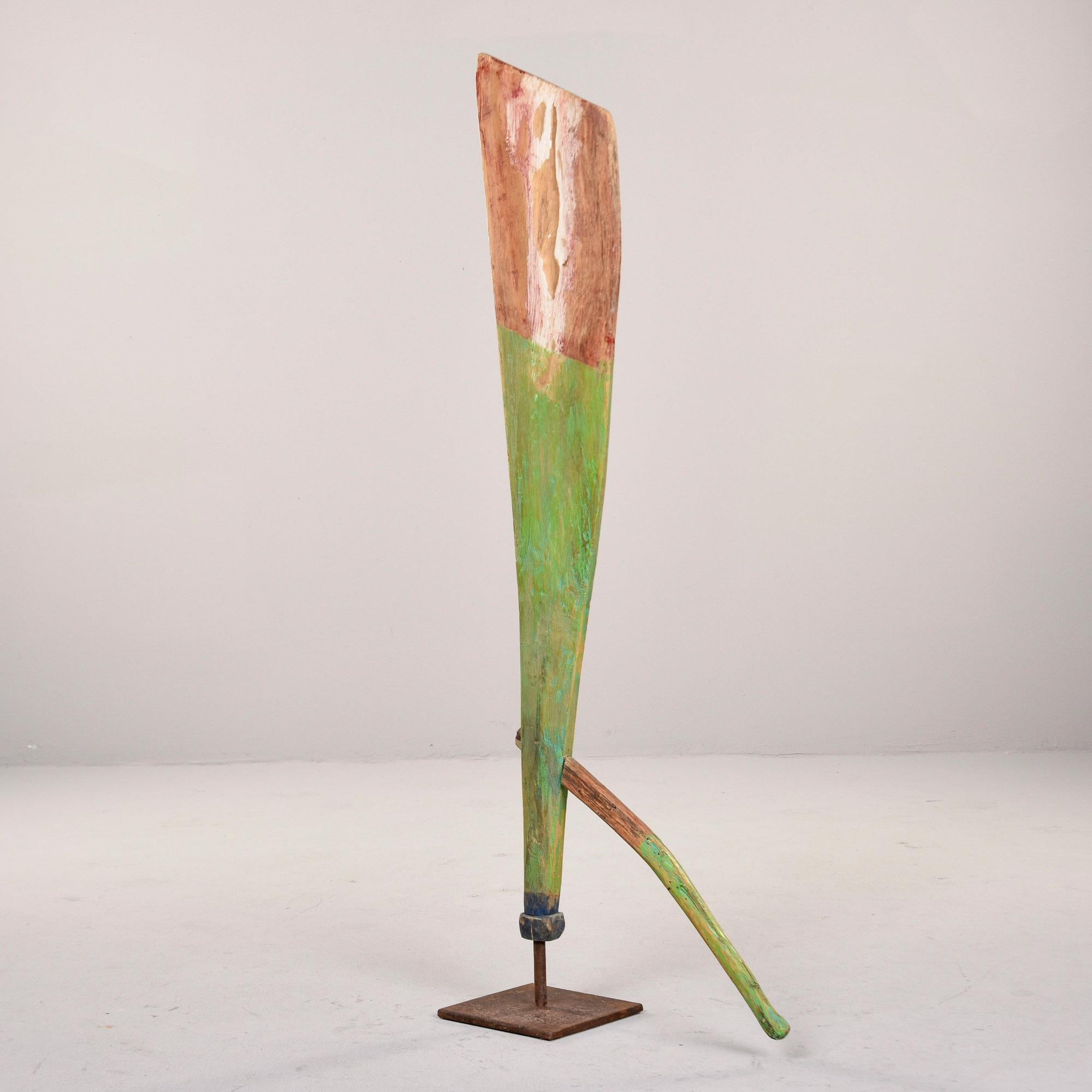 20th Century Green and Red Painted Antique Wood Boat Rudder on Iron Stand For Sale