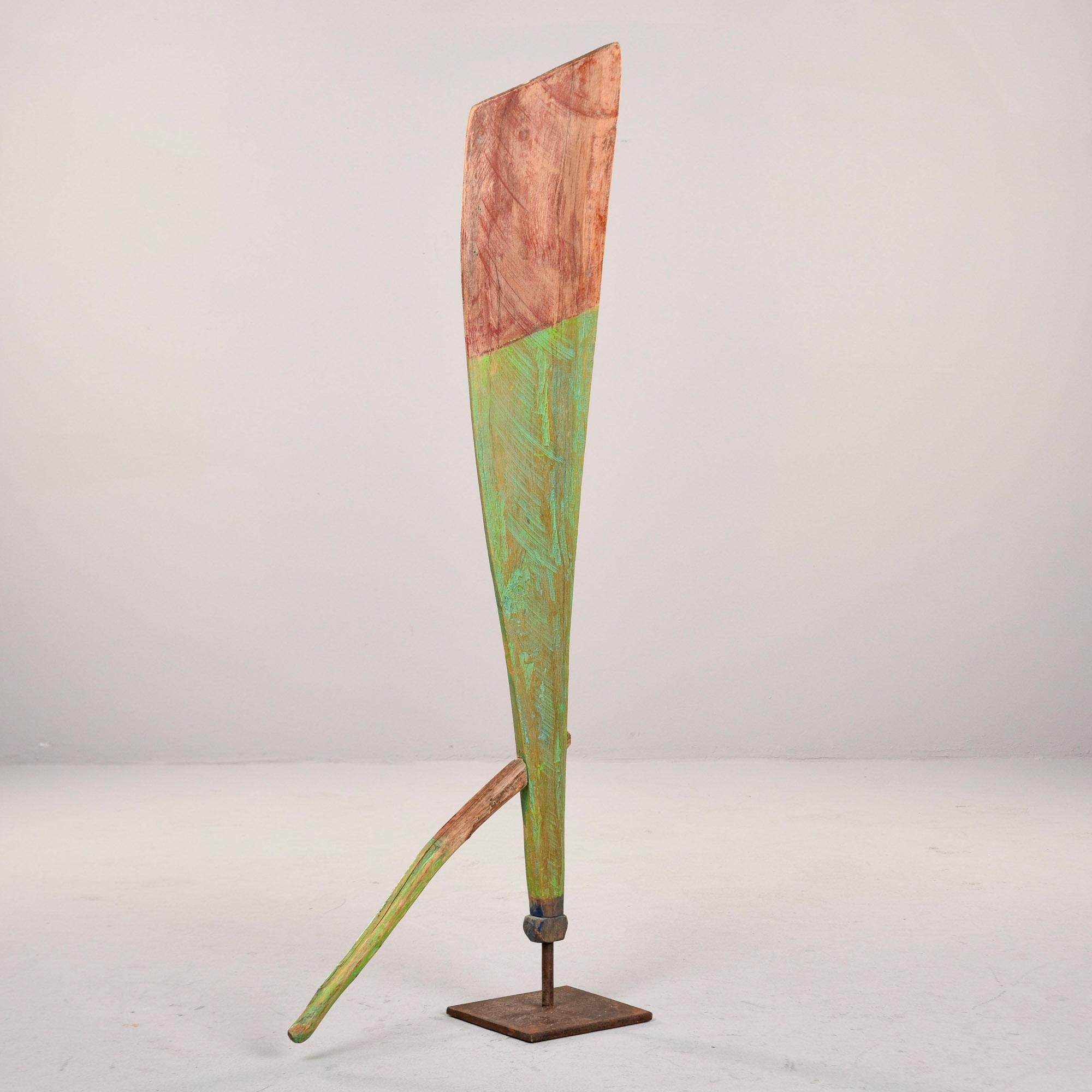 Green and Red Painted Antique Wood Boat Rudder on Iron Stand For Sale 1