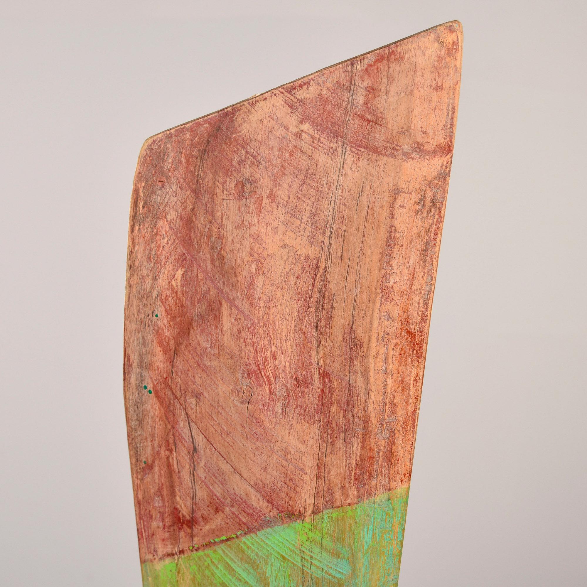 Green and Red Painted Antique Wood Boat Rudder on Iron Stand For Sale 2