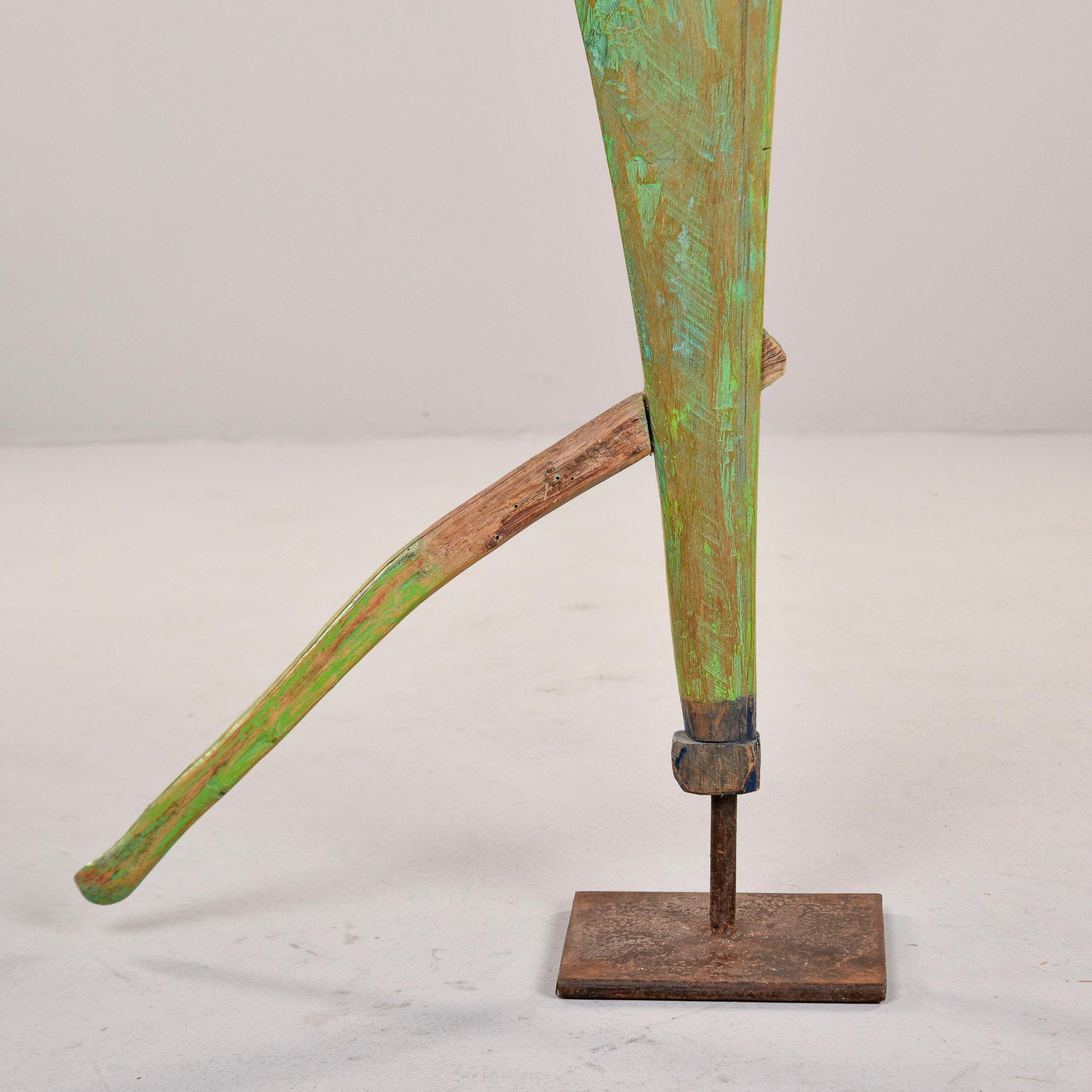 Green and Red Painted Antique Wood Boat Rudder on Iron Stand For Sale 3